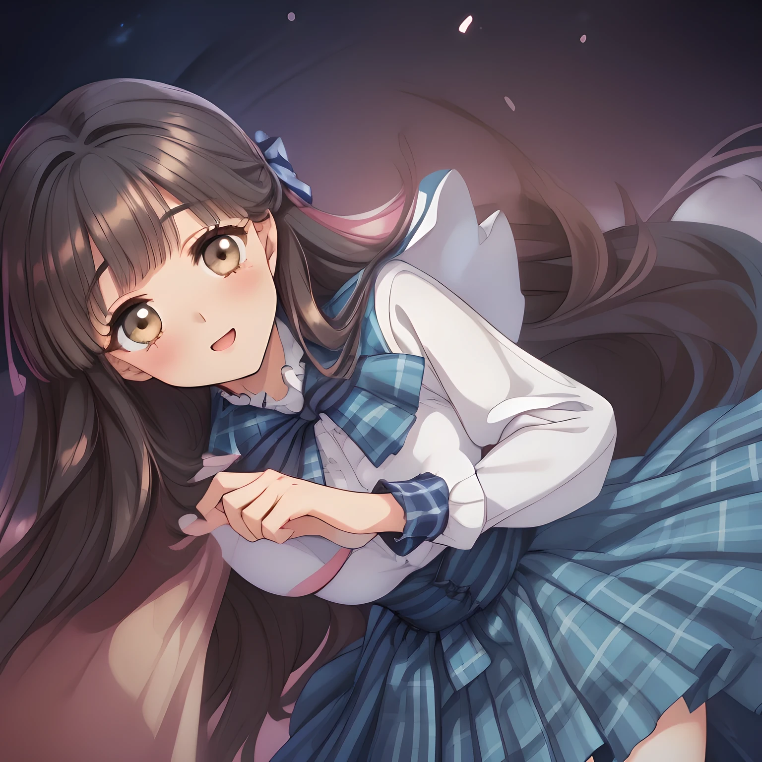 (highest quality, masterpiece:1.2), highest quality, High resolution, 1080p, 8K, Height: 160cm, (Noble lady, noble high-quality colorful cover of lady's comic by most popular manga artist, amazingly neat & clean, in peace and neat lovely strong charm: 1.8), (Too cute lady like a love-story comic heroine), (the head is tilted cutely), (laugh in bliss), (Whispering the viewer's subliminal desire secretly to hypnotize the viewer), A very lovely, very noble, pretty and pure beautiful girls. ((Bursting out Laughing very elegantly)), Using expensive whitening cosmetics by cosmetics artist: 1.2), A face that everyone loves, Glossy lips, Even bangs, (Too beautiful blue fascinating shiny (brown eyes) with love to the viewer, with detailed clearly (like girlish comics beautiful lovely heroine): 1.5), ((Black long Hair)), ((long amazingly beautiful straight wavy long hair: 1.5)), (Neat sailor uniform, neat expensive (white silk frilled blouse), (A long, very neat, dark (navy blue) (tartan-checkered pleated blue skirt)), (too pretty shiny light-yellow realistic school ribbon): 1.5), (Extremely lustrous, shiny game heroine lips, laughing open mouth: 0.8), (Ribbon in (black hair), The ribbon is big and very pretty, Beautiful black hair like a hair model), (Tight waist, slender like a beautiful fashion model, all the high-school student ladies admire their style: 1.5), (The background is plain black space to emphasize their fascination: 1.6), (The lady knows well about the viewer's super fetishism for school uniforms, inviting the viewer into uniform dream of succubus, and satisfies it completely with her hands and skirts and (laughter giving extreme pleasure) deeply (in the viewer's clear lewd dream): 1.6), (beautiful expensive gorgeous atmosphere which the viewer can't stop being lustful: 1.5), (Take a shot from the side of them: 1.5)