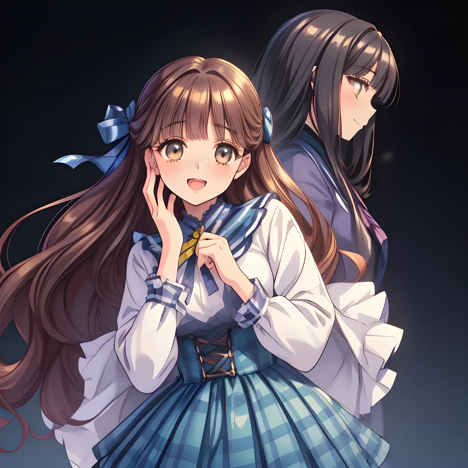 (highest quality, masterpiece:1.2), highest quality, High resolution, 1080p, 8K, Height: 160cm, (Noble lady, noble high-quality colorful cover of lady's comic by most popular manga artist, amazingly neat & clean, in peace and neat lovely strong charm: 1.8), (Too cute lady like a love-story comic heroine), (the head is tilted cutely), (laugh in bliss), (Whispering the viewer's subliminal desire secretly to hypnotize the viewer), A very lovely, very noble, pretty and pure beautiful girls. ((Bursting out Laughing very elegantly)), Using expensive whitening cosmetics by cosmetics artist: 1.2), A face that everyone loves, Glossy lips, Even bangs, (Too beautiful blue fascinating shiny (brown eyes) with love to the viewer, with detailed clearly (like girlish comics beautiful lovely heroine): 1.5), ((Black long Hair)), ((long amazingly beautiful straight wavy long hair: 1.5)), (Neat sailor uniform, neat expensive (white silk frilled blouse), (A long, very neat, dark (navy blue) (tartan-checkered pleated blue skirt)), (too pretty shiny light-yellow realistic school ribbon): 1.5), (Extremely lustrous, shiny game heroine lips, laughing open mouth: 0.8), (Ribbon in (black hair), The ribbon is big and very pretty, Beautiful black hair like a hair model), (Tight waist, slender like a beautiful fashion model, all the high-school student ladies admire their style: 1.5), (The background is plain black space to emphasize their fascination: 1.6), (The lady knows well about the viewer's super fetishism for school uniforms, inviting the viewer into uniform dream of succubus, and satisfies it completely with her hands and skirts and (laughter giving extreme pleasure) deeply (in the viewer's clear lewd dream): 1.6), (beautiful expensive gorgeous atmosphere which the viewer can't stop being lustful: 1.5), (Take a shot from the side of them: 1.5)