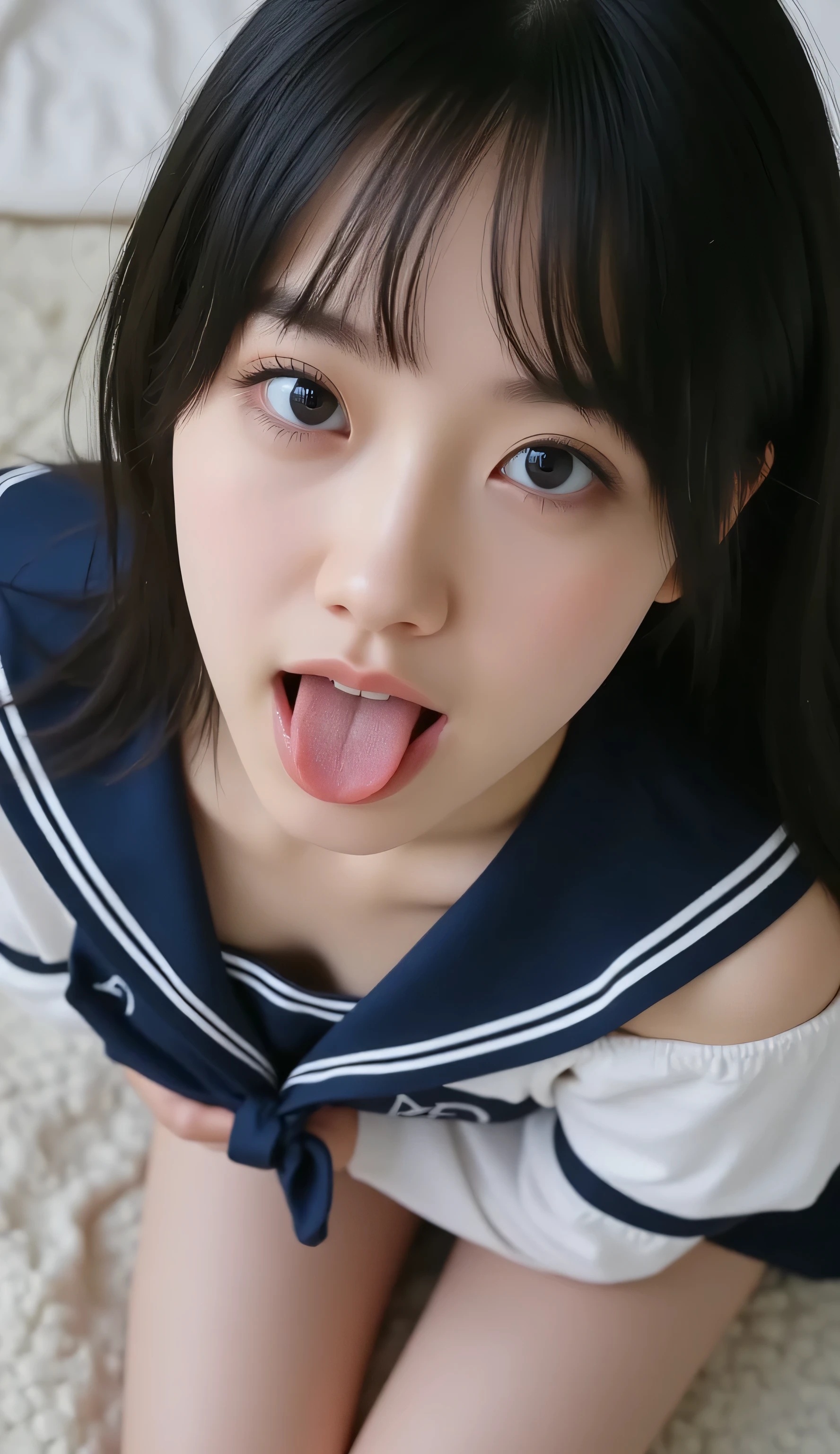 ((stick out wet pink tongue))、((half-open lips))、((Glossy red lip gloss))