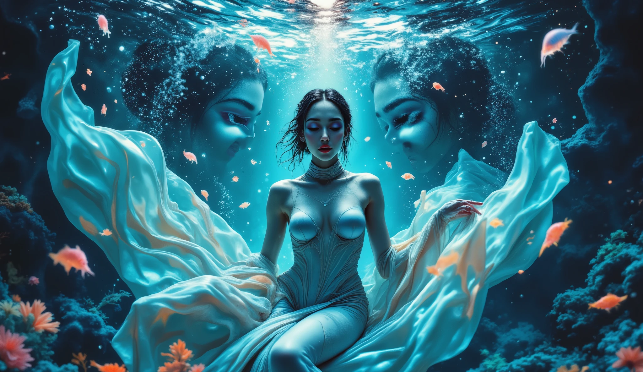Create a , magical, translucent fabric floats gracefully among fish and other aquatic life forms {x} mystical piece of digital art featuring a person with fascinating eyes of galaxies peeking through a tear, ethereal canvas . The screen , surreal , reveals a magical underwater world. In this hidden realm , A figure draped in fluid fabric , The scene is illuminated by a supernatural glow . revela um mundo subaquático magical .