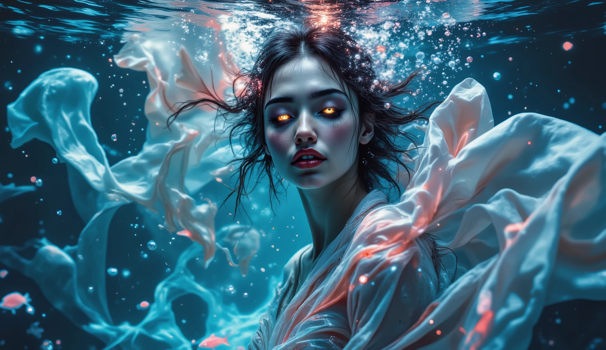 Create a , magical, translucent fabric floats gracefully among fish and other aquatic life forms {x} mystical piece of digital art featuring a person with fascinating eyes of galaxies peeking through a tear, ethereal canvas . The screen , surreal , reveals a magical underwater world. In this hidden realm , A figure draped in fluid fabric , The scene is illuminated by a supernatural glow . revela um mundo subaquático magical .