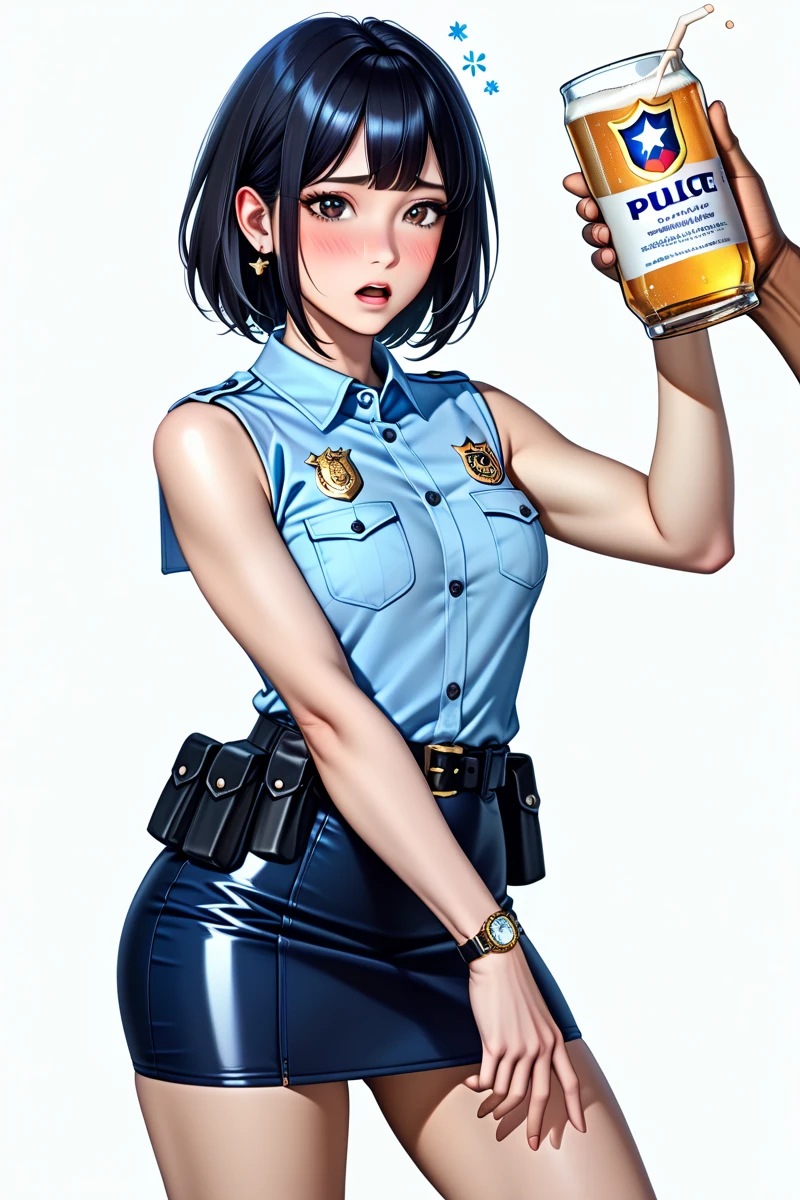 One person、Completely naked、Police Belt、watch、Shyness、Japanese Beauty、drinking beer、Drunk、Hiccups、Standing in front of a white wall:1.2、Above the knee shot:1.0