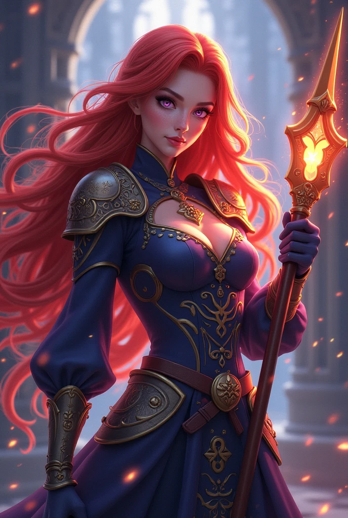 4K Russian look style quality, digital drawing mode, medieval fantasy-themed anime female character, long fiery red hair with magical runes glowing, fierce violet eyes, wearing an stylish armored dress with glowing enchantments, holding a staff with crackling energy, controlling a magical beast, Blur the background to create a three-dimensional effect, atmosphere, standing in a magical kingdom confronting dark forces, radiant skin, flowing hair, glossy lips, powerful and determined eyes, full body, dynamic pose, life size, perfect anatomy, detailed skin texture, full HD, 4K, HDR, perfect anatomy, depth of field."
