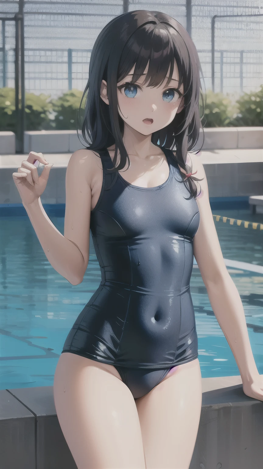  in the seat、bangs、 long hair、 black hair、 blue eyes、 small tits、Juvenile body、 wet swimsuit 、 sharp split 、 mekoji、 One Piece Swimsuit、 Old School Swimsuit、 plain background 、 is thin、thin、 standing
