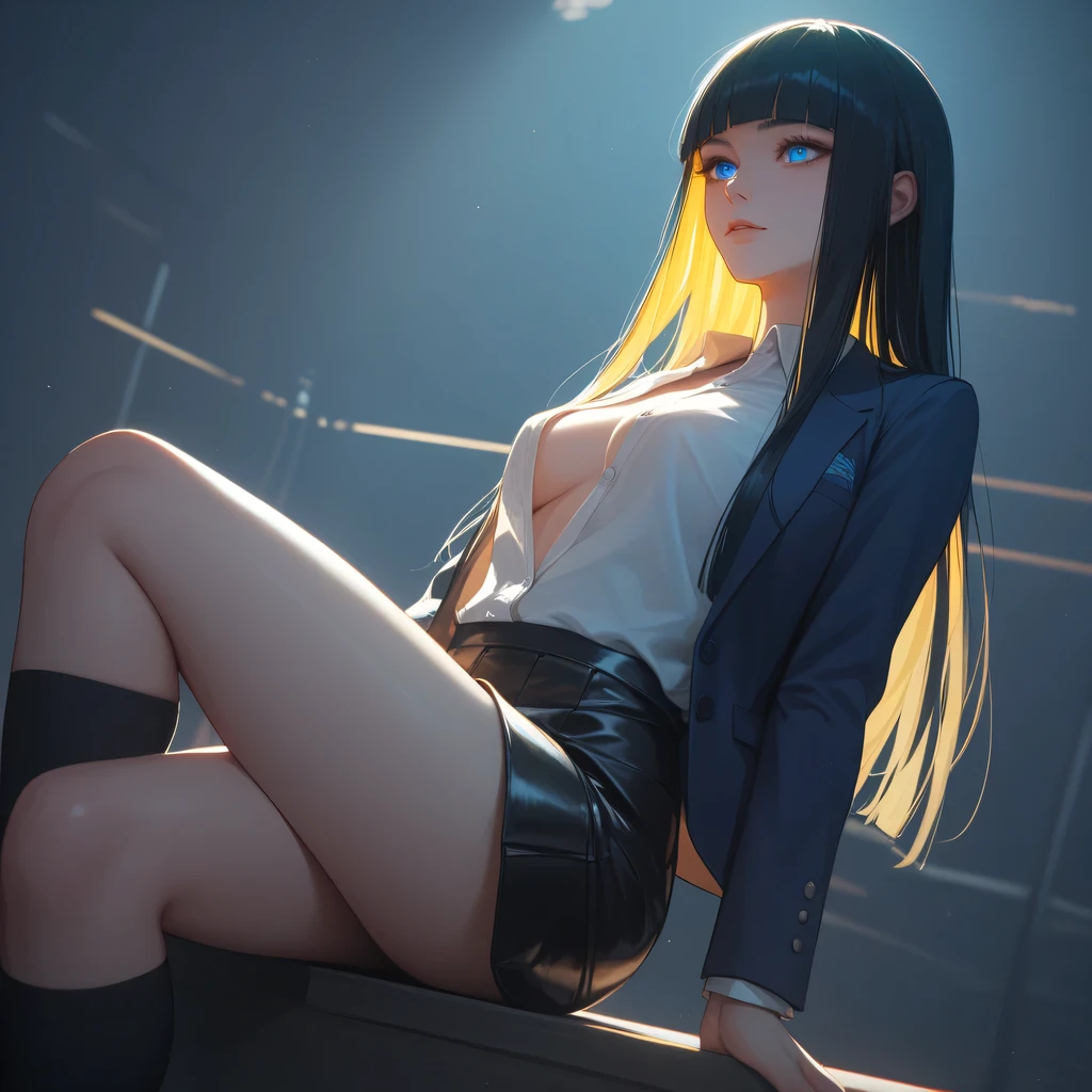 (( black hair))、(yellow inner hair), best quality 、 Masterpiece、( professional lighting without shadows )、(Nipples:0.5), surreal, charming、 figure like a slender supermodel 、 One Girl , (dynamic angle, face focus, looking side), (medium boobs), (Bright, beautiful blue eyes , ((hime cut, long hair))),(blazer , black unbuttoned shirt, (leather skirt), high socks, loafer), , ( beautiful face squinting in bright light ), Knee High Socks