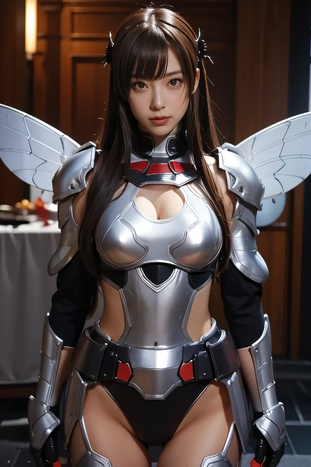 (High resolution,masterpiece,highest quality,Very detailed CG, anime, official art:1.4), realistic, photograph, amazing detail, all complicated, luster and luster,great many layers, 8k wallpaper, 3D, sketch, cute, figure,( alone:1.4), perfect female proportions,villain's daughter, (Fusion of dark brown cockroach and lady:1.4), (brown cockroach form lady:1.2), (brown cockroach woman:1.2), (Fusion:1.2), (alone:1.4), (evil smile:1.2), muscular, abs, (Cockroach brown exoskeleton bio insect suit:1.4), (Cockroach brown exoskeleton bio insect armor:1.2), (brown transparent cockroach feathers:1.4), (brown cockroach antenna:1.3),