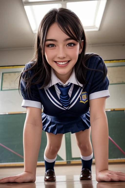 (((Composition looking up from below:1.8))), (((Squat with your knees bent:1.8))), (((Dressing:3.0))), (((shool uniform:1.8, pleatedskirt:1.8))), ((Classroom:1.8)), ((white panties:1.5, pantie shot:1.8)), ((Smiling smile:1.5)), 1girl in, 18year old, 7headed body, Ideal ratio body proportions, erectile nipple, Medium Hair, With bangs, A dark-haired, small tits, A slender, Small buttocks, beauty legs, Skinny Legs, surrealism, Cinematic lighting, depth of fields, One-person viewpoint, F/1.8, 135 mm, nffsw, masutepiece, ccurate, Anatomically correct, Textured skin, Super Detail, high details, High quality, awardwinning, Best Quality, hight resolution, 8K