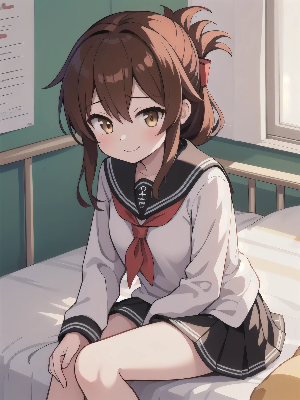 An unwell feeling girl in a miniskirt is holding her knee on her bed in the infirmary、Close-up shot of one girl, Lightning \( fleet this\), brown hair, folded ponytail, long hair, brown eyes, Anchor Symbol, Black sailor collar, Long Sleeve, neckerchief, school's, serafuku, pleated skirt, black skirt, smile, upper body, Alone, Watch Viewers ,