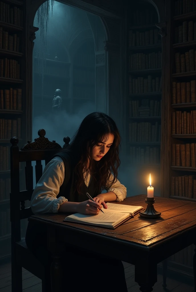 A girl alone in a creepy library, she's writing on the table - SeaArt AI