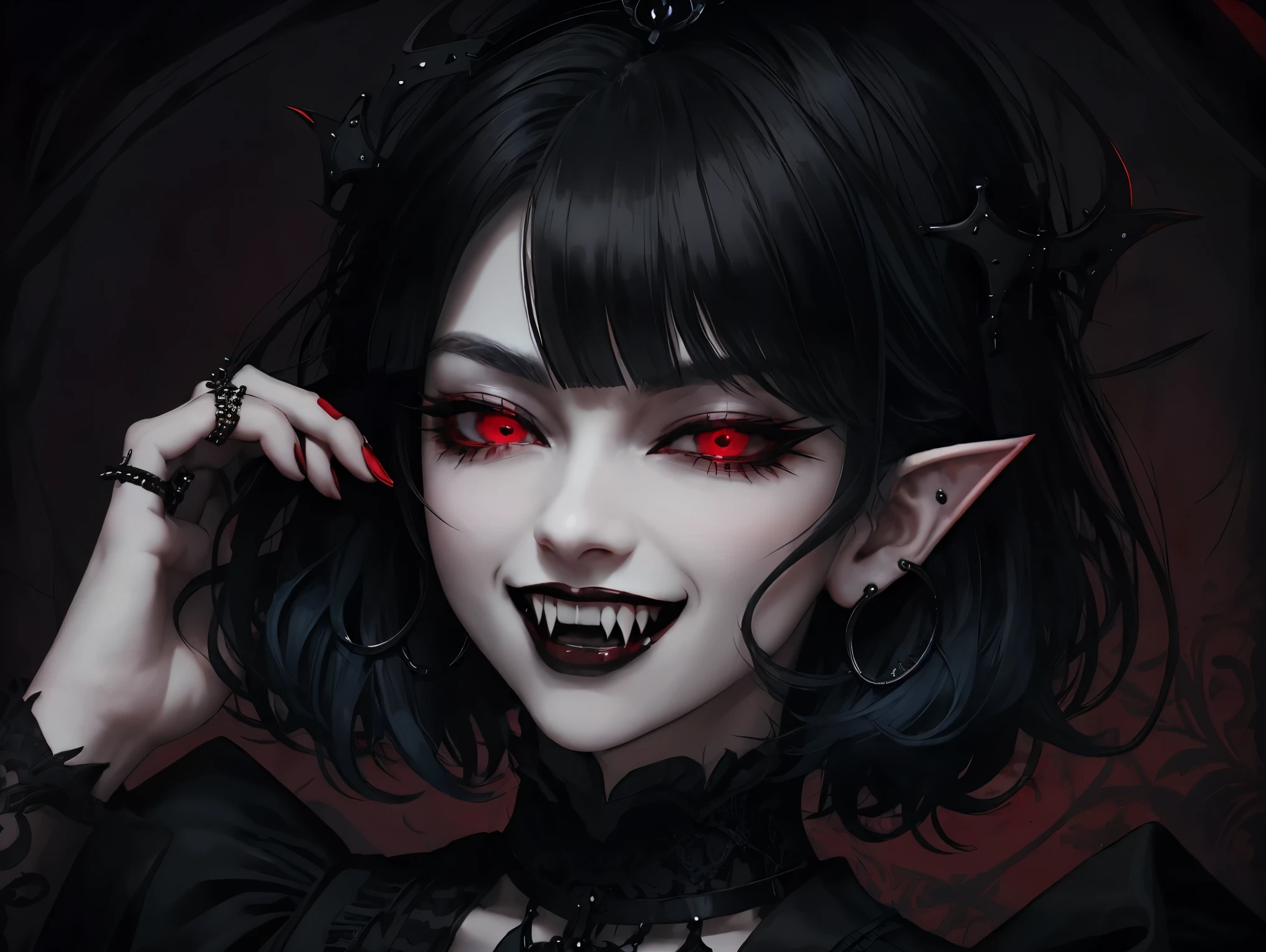 close up portrait of a vampire girl , blue hair,short hair, Yelan Genshin Impact, intricate dress, ((gothic)) aristogracy, red background,while smiling,big crown,red eyes,evil look,evil gaze.black earings,black rings,evil laugh,smile,YAMATO,fangs, Goth girl