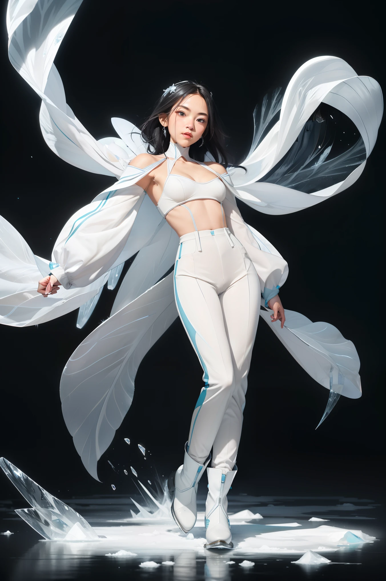 A petite and elegant woman in a white suit with a calm, confident demeanor, standing approximately 5'2". She has shoulder-length black hair that flows gently around her face, almond-shaped eyes, and a soft, radiant complexion. She wears a sleek combat outfit (white suit and trousers), featuring icy blue and white tones that reflect her mastery of ice magic. Frost patterns adorn her sleeves and boots, summoning sharp icicles in mid-air with her hands glowing in a frosty aura.