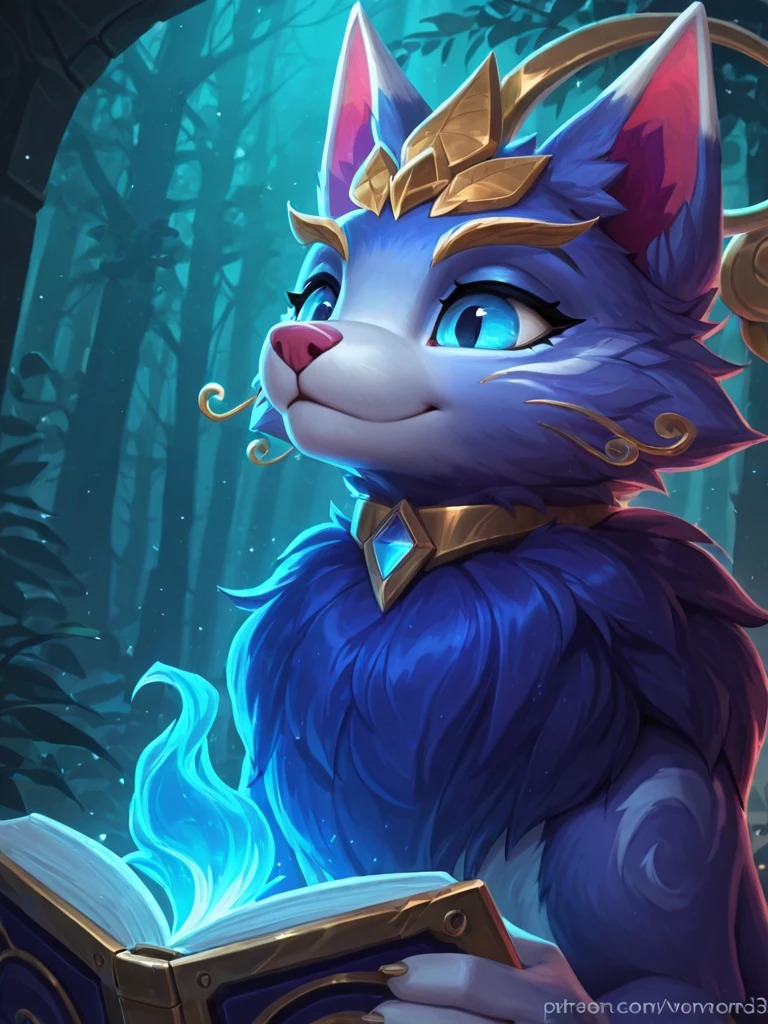 Surprised small blue cat over a flying book being sexually penetrated by magical tentacles coming from the book, female, all fours, purple fur, neck tuft, (((yumi))), (hip focus), standing alone, cuddly, (back view), (Curvy hips), (ass up face down), cute, patas, 4 fingers, heavely brushing, ((looking at viewer)), ((looking straight at you)), (ssmile, surprised eyes), no_Cao Cao, 4 fingers, legs spread open, cat tail, small, forest background, gaping mouth, excessive salivation, tongue out, ahegao face, (hearts everywhere), (detailed back ground, light on body, (intricate:0.7), (Cao Cao detalhe:1.2), (engine unreal:1.3), (sharp focus:1.1), (work of art, best qualityer, 4K, 2k, shadowed, absurd resolution)
