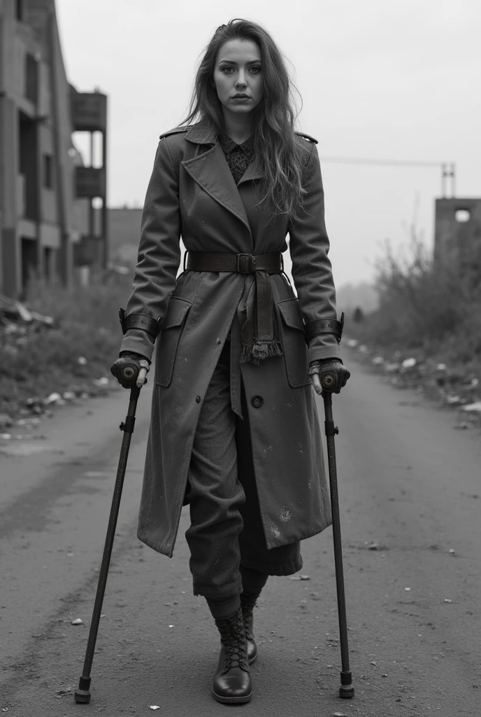 Black and white scene from World War II showing a young woman in her 30s who is disabled. She stands on one leg (amputation) using old-style wooden crutches. The young woman does not use a prosthesis. She lost her leg after a bomb exploded. German  soldiers stand in the background