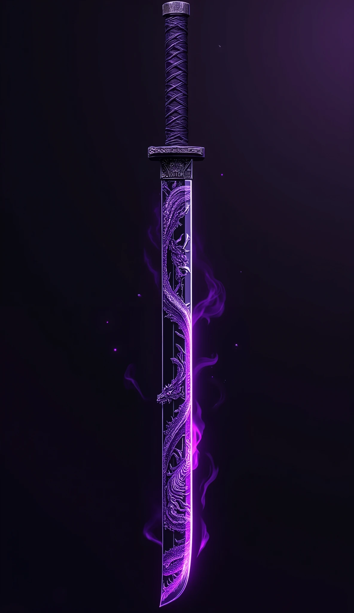 A black and purple katana, the blade black like obsidian traced witg an engraving of a purple kightning dragon. The hilt forming a small black ring and tge havdke wrapped in purple criss cross wraps. Lastly connected to the hilt by a string there dangles an ankh. This weapon is mythical forged by gods and thus gives of an aura of purple. 4k ultra detailed amazing katana with a beautiful onyx blade
High Resolution, Masterpiece, Accurate, Detail, Super Detailed, Quality, Anime Style,