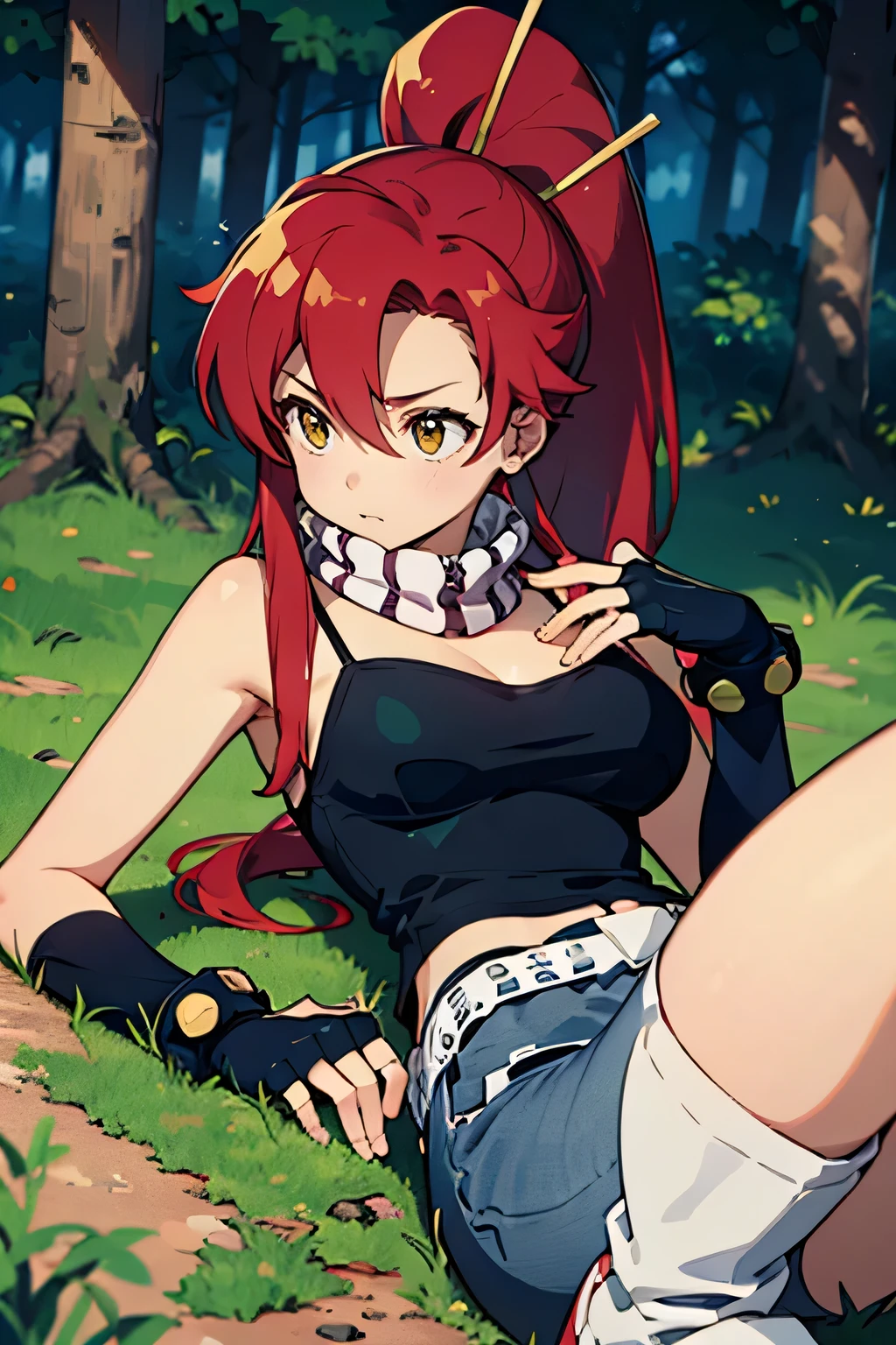 ((yl1,yokoli, 1 girl)), ((Alone)), Yoko Rittner, ((solo picture:1.5)), (three-quarter view), (Detailed eyes, Eye Light), (Athletic Build), (anime style), Grown-up face, Big Breasts:1.5, Shiny Skin:1.4, ((Long Hair, ponytail, Red Hair, Long Hair, Yellow Eyes)), Long Hair, camisole, black camisole, (denim jeans), (loose denim jeans), ((fingerless gloves)), perfect anatomy, white boots, on the ground, (laying on the ground in a forest), (laying down, on their back), (concerned expression), (backing away)