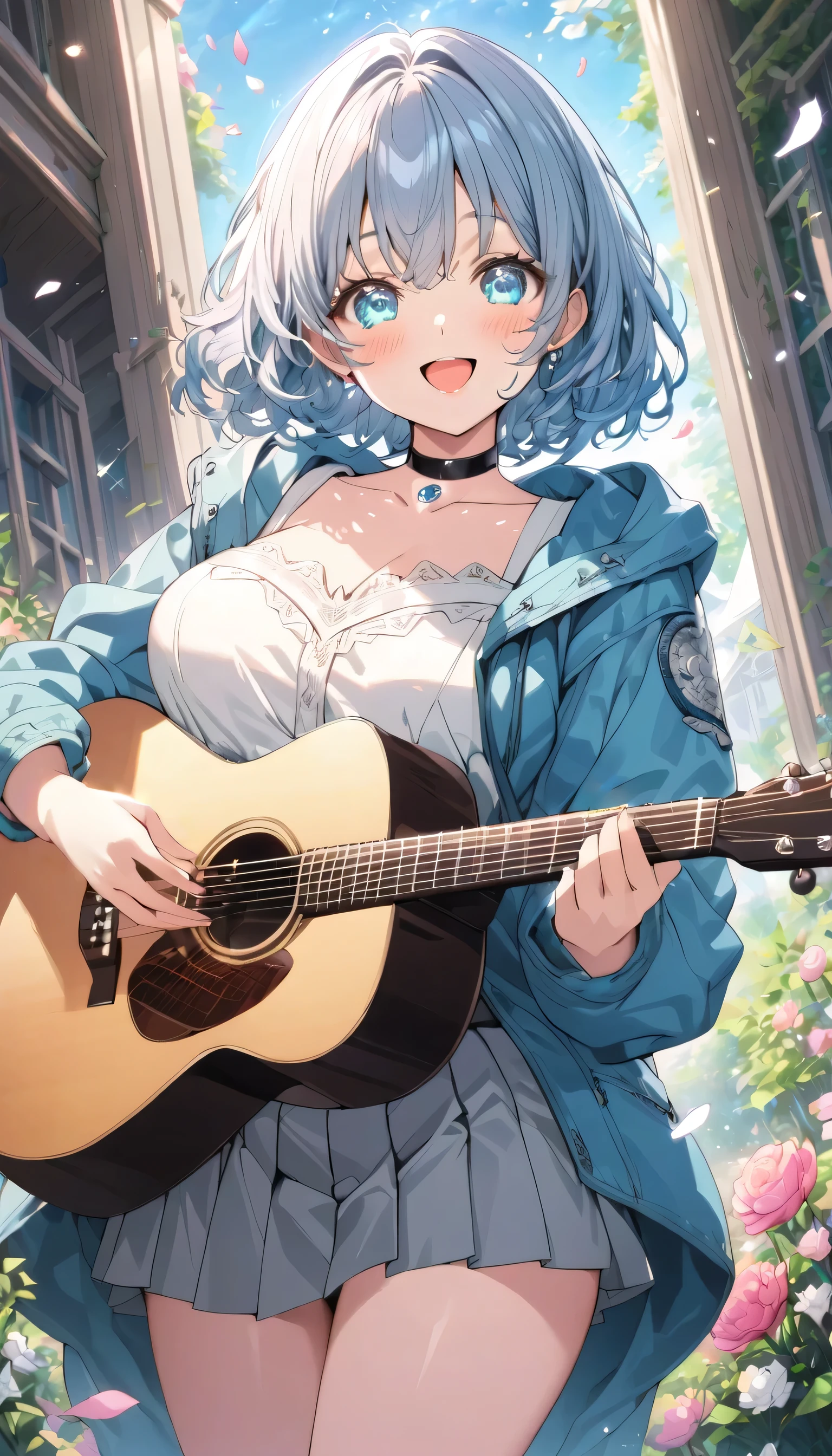 ((ultra-detailed)), (highly detailed CG illustration), (best quality:1.2), ultra-highly detailed, colorful composition, artistic photoshoot, 1girl, solo focus, ((thigh to top:1.4)), ((cowboy shot:1.4)), moe anime character, girl, dainty facial structure, (bab(round face), ((rounded chin:1.2)), ((ideal ratio body proportions)), celia-default, celia claire, (blue eyes), sparkle eyes, ((blue hair color:1.4)), ((bob hair)), ((open mouth)), ((smile)), ((singing)), ((playing an acoustic guitar)), ample breasts, ((black choker with a jewelry in the center:1.4)), ((white sleeveless camisole)), ((impossible clothes)), ((navel exposed)), ((blue glossy parka with ferring:1.4)), ((shoulder exposed)), ((light gray pleated skirt)), petals glowing and fluttering, best quality, masterpiece, standing by the victorian garden with flowers, beautiful detailed sky, dynamic pose, from front, expecting, pink cheek, blush, light pink gloss slip, portrait, depth of field, soft lighting, sidelighting, (shine), lighting, caustics, ray tracing, smile, perfect face, lustrous skin, highly detailed face, highly detailed eyes, perfect face, perfect nose, perfect hair, perfect eyes, perfect anatomy, beautiful hair, beautiful small face, extremely detailed face, beautiful detailed eyes, beautiful clavicle, beautiful body, beautiful huge breasts, leavage, breasts squeezed together, equalize the size of the left and right breasts, beautiful thin thighs, beautiful legs, beautiful fingers, ((4 fingers)), 1 thumb, lovely, (very detailed background:1.0), (highly detailed background:1.0), spring aesthetic, intricate details, joyful atmosphere, spring colors palette, chromatic aberration