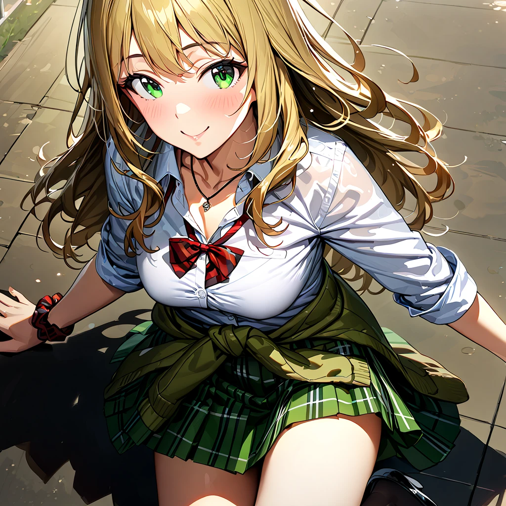score_9, score_8_up, score_7_up, score_6_up,source_anime, BREAK, Sena, 1girl, blonde hair, aqua eyes, butterfly hair ornament,long hair, black ascot, fang open mouth, smile, st. chronica academy school uniform, green jacket, green skirt, plaid skirt, pleated skirt, happy, <lora:SenaKashiwazaki-XL-V3:1>