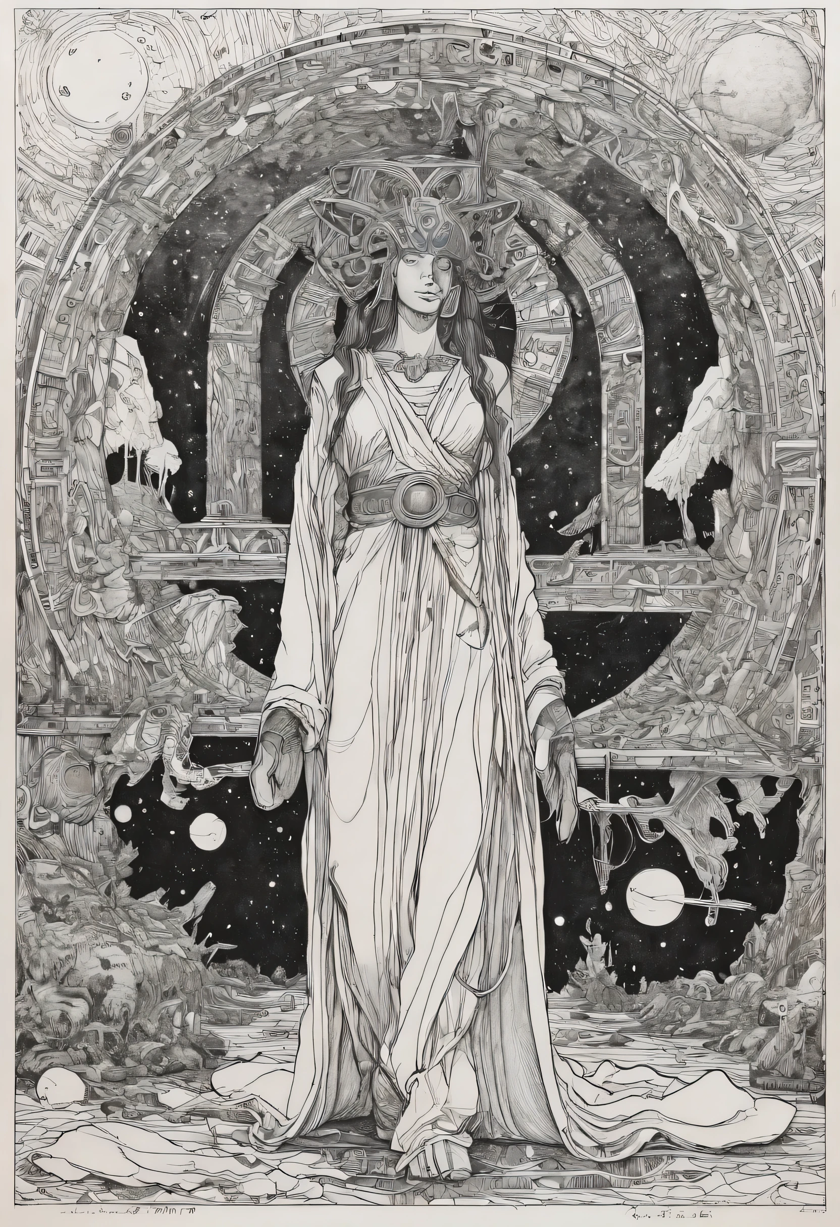 (( full color:1.4))、 ultra detailed 、 Gods in Greek Orthodoxy々The world view、 the mental world of a mentally ill person 、The Dark Goddess、Female god 、Fine Lines、 SIMPLE 、 Darkness Dances 、 Collapse Common Sense 、 Poison Pours 、moebiusの絵画からインスパイアされたイラストレーション、、an ink drawing inspired by jean moebius giraud, Tumbler, bolticism , ( moebius ), moebiusとモーブハッカー , moebius風, moebiusのイラストレーションアート , in the stlye of moebius, moebius Art , moebius Art work