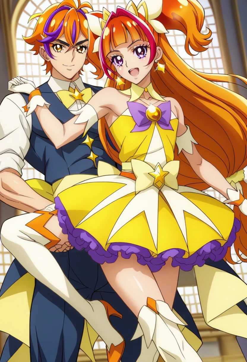 score 9 、score 8 up、score 7 up、 Masterpiece、 top quality、 Hi-Res、anime coloring、1boy 、cure twinkle、(male:1.6)、 Cartoon Images of Men Wearing Dresses 、Alone、 long hair、 orange hair、low tied long hair、multicolored hair、 Hair、two tone hair、streaked hair、blunt bangs、high twin cone hair bun、low two side up hair、 high definition artwork 、 Sparkling Magical Boy 、 Official Art、 cool boy、Anime Prince、 Official Artワーク、 Dress Up Darling Anime、Orange and Yellow Mini Dress 、layered skirt、 muscular man、 Official Anime Artwork 、beefcake taste、purple bow、yellow bow、Jewelry brooch 、 V line around waist 、Bare Arms、むき出しの肩、wrist cuffs、pectoralis major、biceps、triceps、deltoids、thigh muscles、purple frills under yellow mini skirt、 strapless dress、Maho Boy 、sexy boy、cool boy、adult boy、 white thigh-high boots 、 fanart、cure twinkle costume、 beautiful、Alone focus、looking at viewer、 male focus、 cowboy shot、(male body:1.6)、beefcake style、(manly face:1.55)、