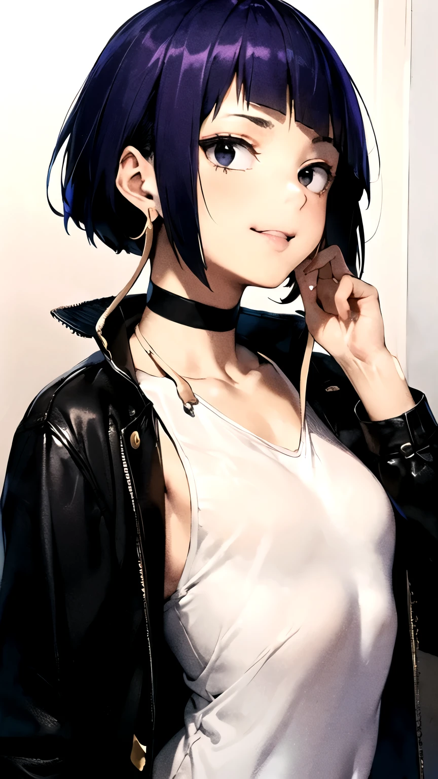 ((masterpiece,best quality)), {DATE_artstyle_LoRA : Manga_Style_LoRA } {horror_edit } { :( sjirou_kyouka, long earlobes, shirt, choker, jacket, ), perfectly_small_shape_breast : perfectly_slender_body : petite : cute smirk } { perfect_angle }