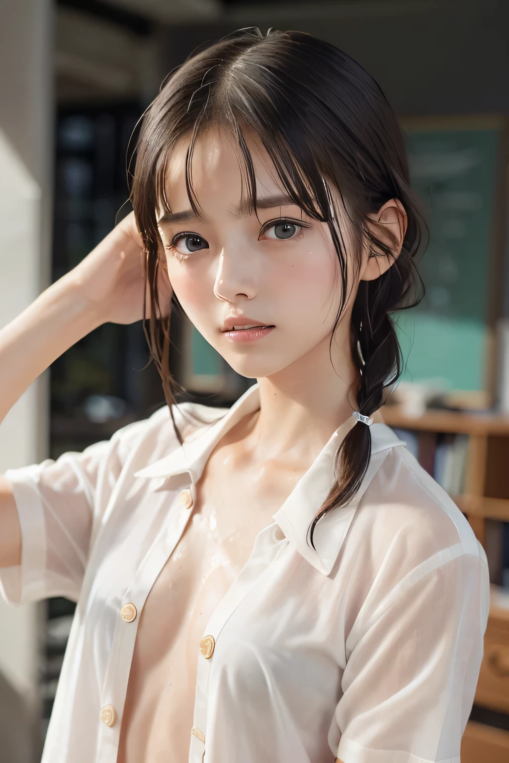 (8k, RAW photo, photorealistic:1.25), (Soaking wet hair, wet short two braids hair, Soaking sweaty hair:1.5), (lip gloss, eyelashes, Shiny surface, Glossy Skin, best quality, ultra highres, allows depth of field, Color Difference , caustics, blow lighting , Natural Shading, kpop idol), (cleavage, flat chest, naked white shirt, nude, short sleeve shirt, Unbuttoned shirt:1.7), (Swollen eyes from crying , crying, tears, tearing, sadness:1.2 ), (dark background, indoor, dark bedroom, night view:1.4)