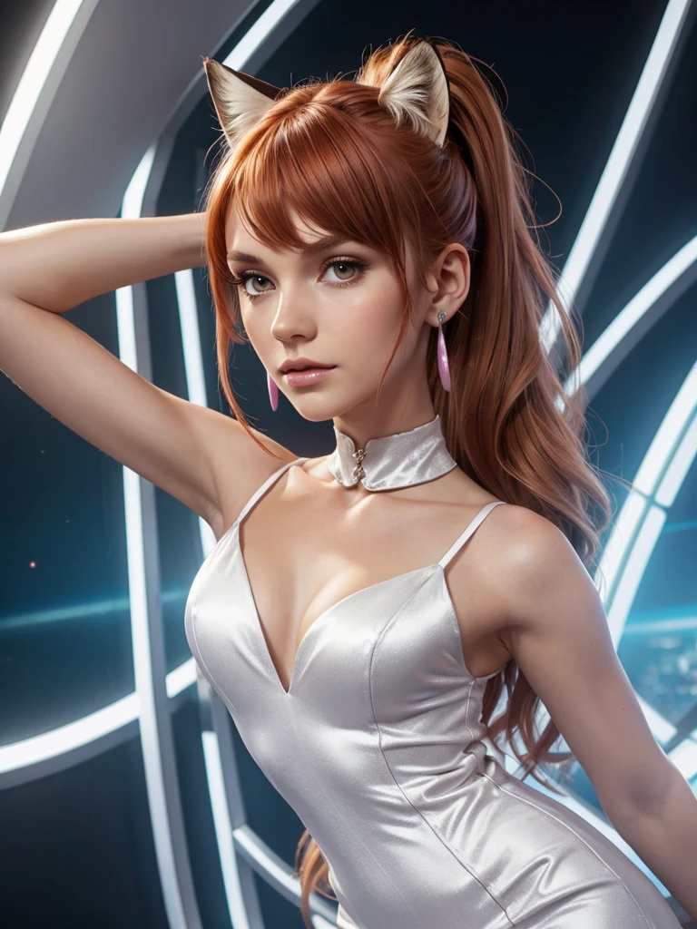(masterpiece), best quality, expressive eyes, perfect face, front lighting, (space station background), (posing), (seductive look), (cleavage view), (1girl, Nami, 18 years old, orange hair, long hair, wavy hairstyle, brown eyes, hourglass figure, left shoulder tattoo, skinny body, thin body, petite_body, small breasts, wide hips, thick thighs), (cyber punk style, white zip-up cyber punk onepiece bodysuit, white onepiece bikini, turtle neck, sleeveless, white boots, white antenna headset), 