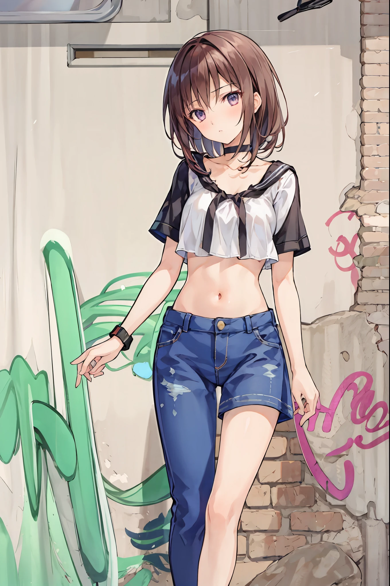 is ridiculous, top quality, 1 girl, Alone, striped hair, crop top, denim shorts , choker, ( graffiti :1.25), PAINT SPLATTER , behind the back of his arm, ( walking slowly ), lean against the backrest, facing viewer , (Tilt to the side:0.125), Watch Viewers , bracelet, thigh strap , rainbow hair, paint on body , upward looking eyes, bow head, head tilt, ( from side:1), ( expressionless :0.75), \(Ramdayo\), Diffraction Spike ,
