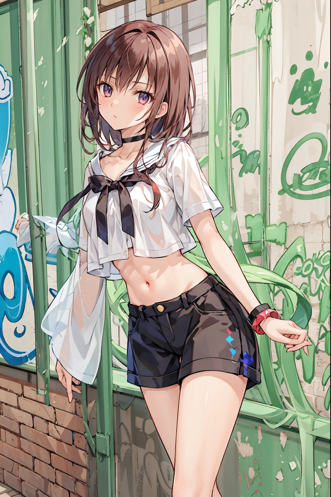 is ridiculous, top quality, 1 girl, Alone, striped hair, crop top, denim shorts , choker, ( graffiti :1.25), PAINT SPLATTER , behind the back of his arm, ( walking slowly ), lean against the backrest, facing viewer , (Tilt to the side:0.125), Watch Viewers , bracelet, thigh strap , rainbow hair, paint on body , upward looking eyes, bow head, head tilt, ( from side:1), ( expressionless :0.75), \(Ramdayo\), Diffraction Spike ,