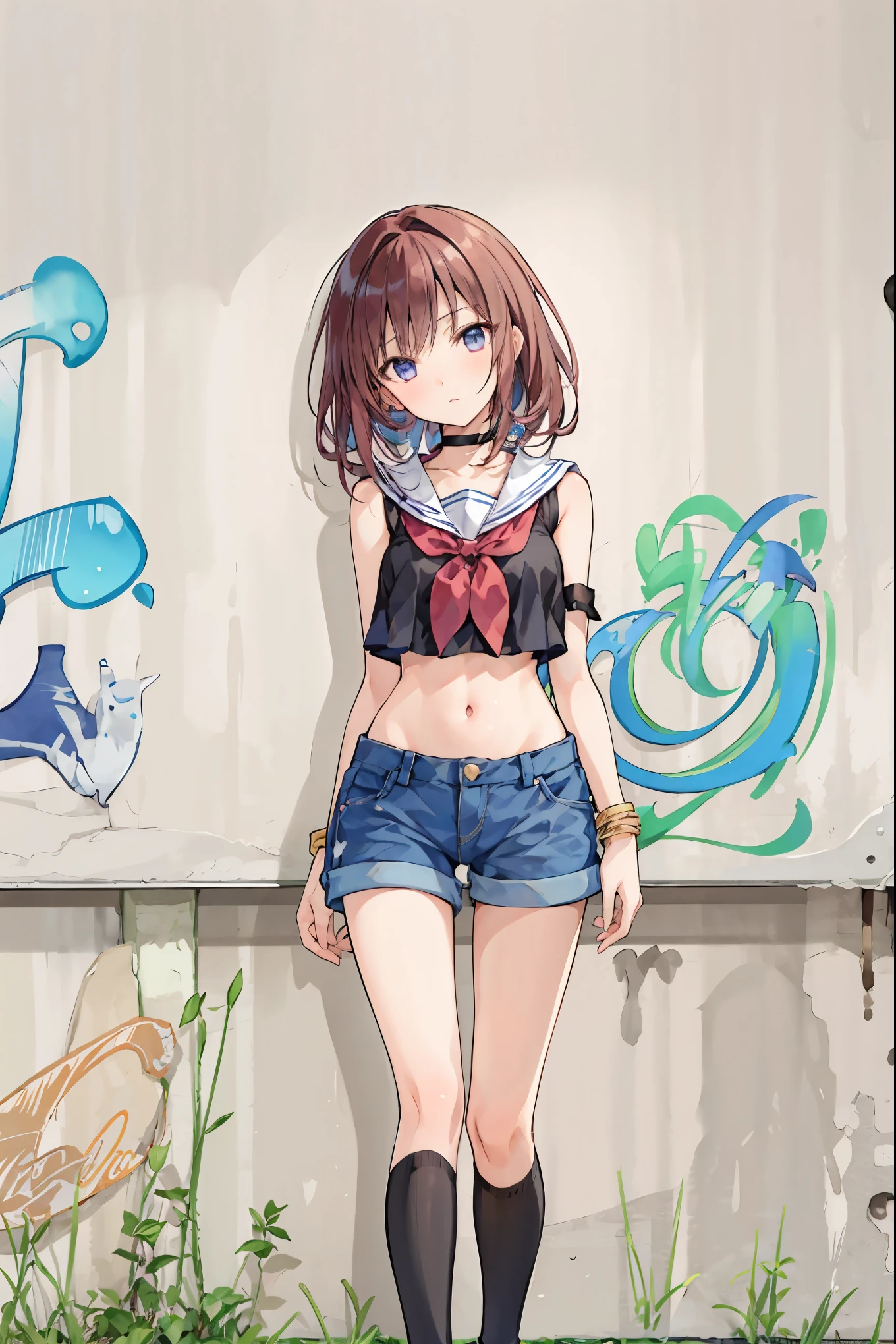 is ridiculous, top quality, 1 girl, Alone, striped hair, crop top, denim shorts , choker, ( graffiti :1.25), PAINT SPLATTER , behind the back of his arm, ( walking slowly ), lean against the backrest, facing viewer , (Tilt to the side:0.125), Watch Viewers , bracelet, thigh strap , rainbow hair, paint on body , upward looking eyes, bow head, head tilt, ( from side:1), ( expressionless :0.75), \(Ramdayo\), Diffraction Spike ,