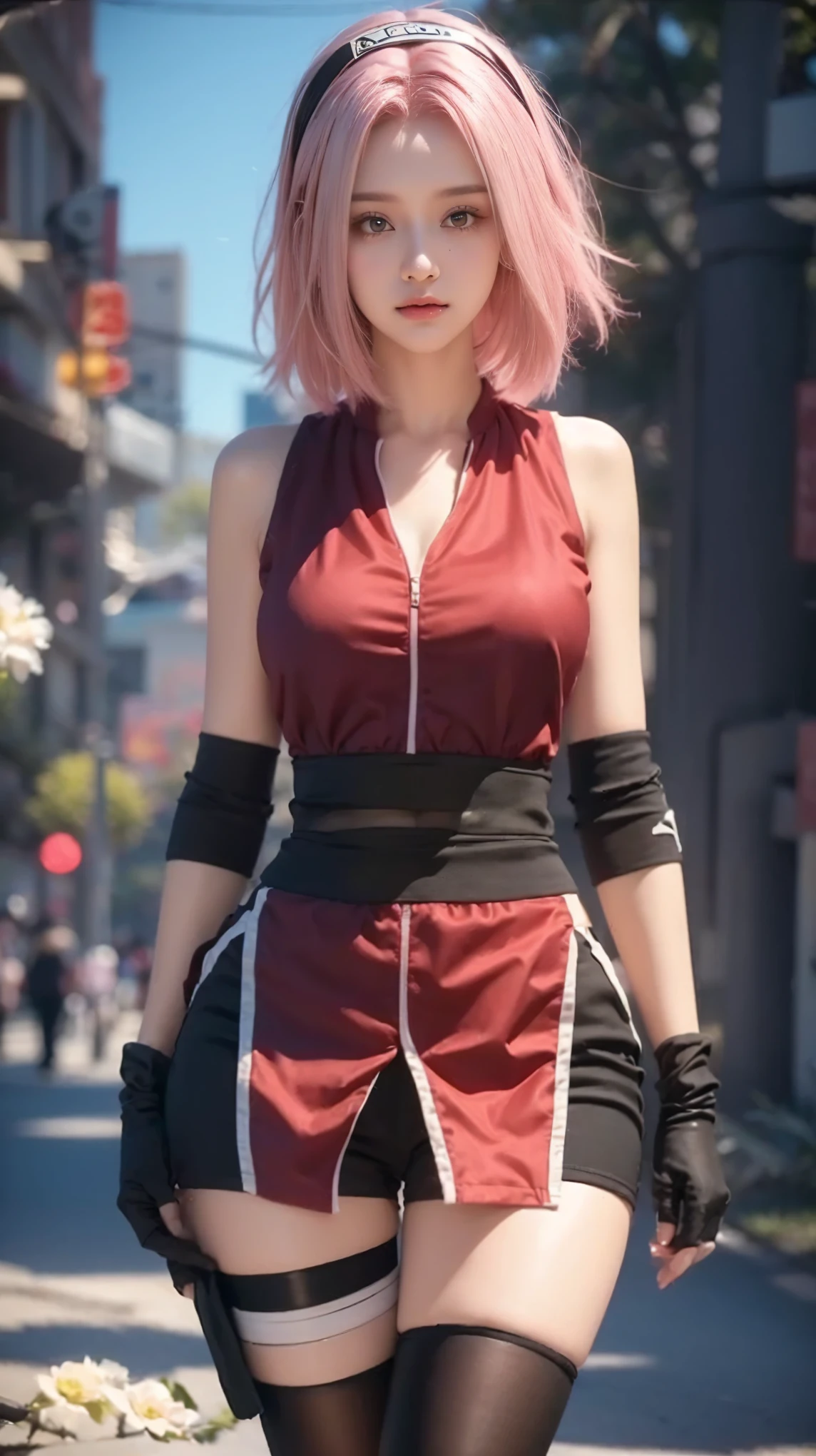 masterpiece， Best quality at best， 4k,  1 fita， sakura haruno， large breasts, sorrir，com cabelo rosa， Longas, whitish hair， （Globos oculares verdes:1.4)， Forehead Protection， As cerejeiras，Flores de cerejeira voando，Vestido vermelho Coxas fendidas, Tight short black pants , corpo da roupa, tight pants, from behind, foco na bunda, Saia de Lifting, short hair, pink hair, photorealistic,