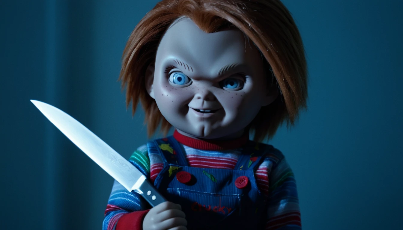cinematic film still of  Chucky,Charles Lee "Chucky" Ray,antagonist,Horror,serial killer,doll,animatronic,a cartoon character holding a knife and a knife in his hand,solo,smile,1boy,holding,male focus,red hair,striped,torn clothes,blood,knife,dual wielding,striped shirt,overalls,stitches
, shallow depth of field, vignette, highly detailed, high budget, bokeh, cinemascope, moody, epic, gorgeous, film grain, grainy ,neon background light "Chucky"