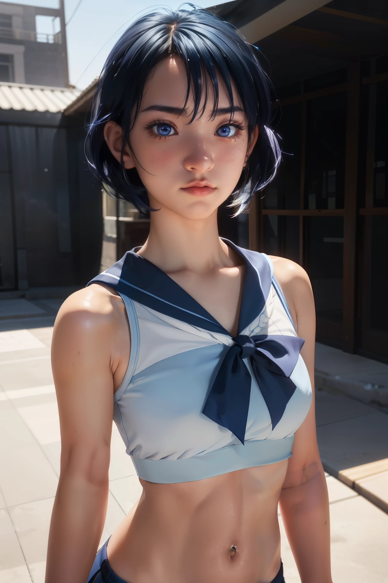 (masterpiece), (best quality), realistic, cinematic light, Mizuno Ami, Sailor Mercury, standing, battlefield background, perfect body, blue hair, , detailed face, beautiful eyes, detailed lips, detailed nose, long eyelashes, confident expression, dynamic pose, intricate details, vibrant colors, volumetric lighting, dramatic shadows, highly detailed, photorealistic, digital painting, concept art