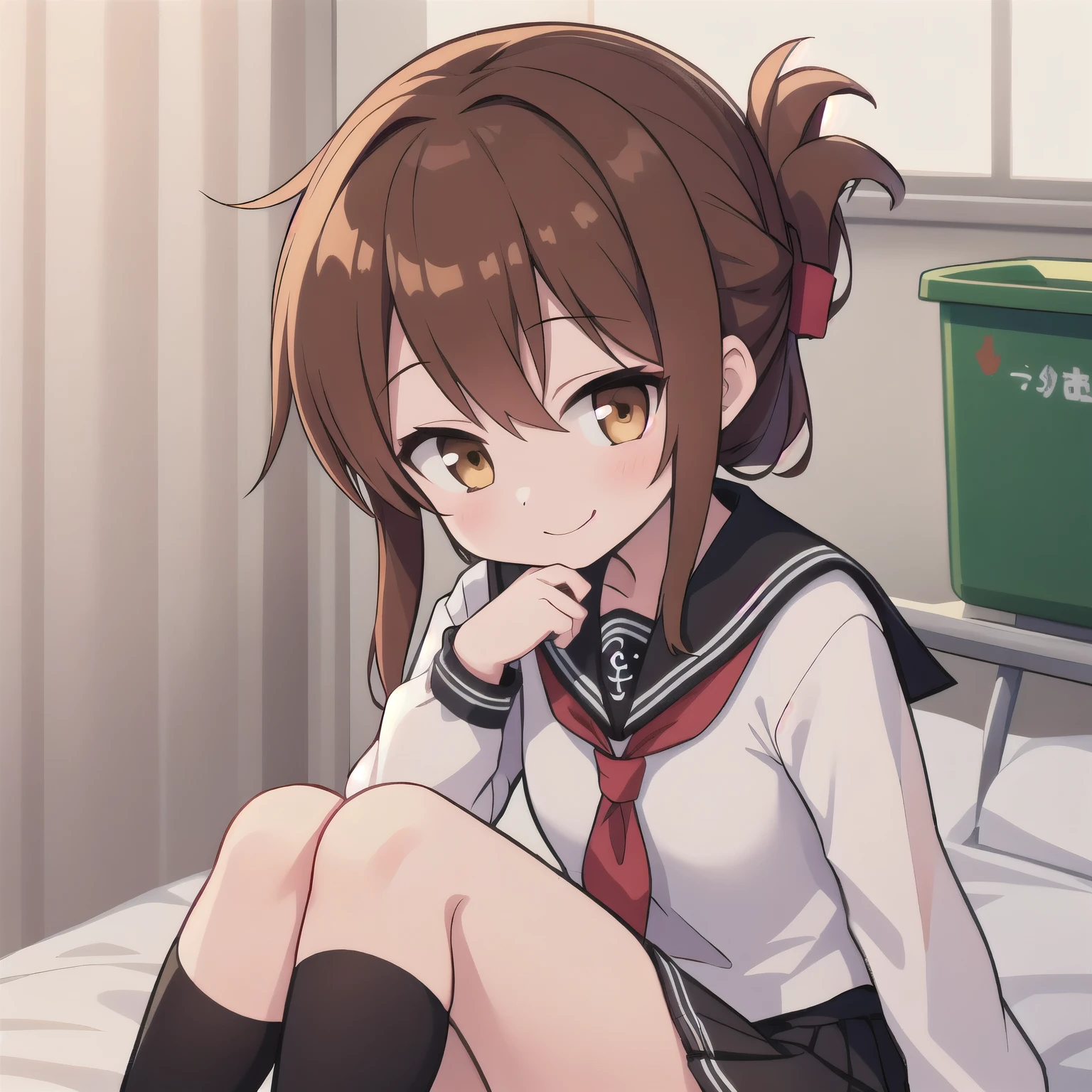 An unwell feeling girl in a miniskirt is holding her knee on her bed in the infirmary、Close-up shot of one girl, Lightning \( fleet this\), brown hair, folded ponytail, long hair, brown eyes, Anchor Symbol, Black sailor collar, Long Sleeve, neckerchief, school's, serafuku, pleated skirt, black skirt, smile, Alone, Watch Viewers ,
