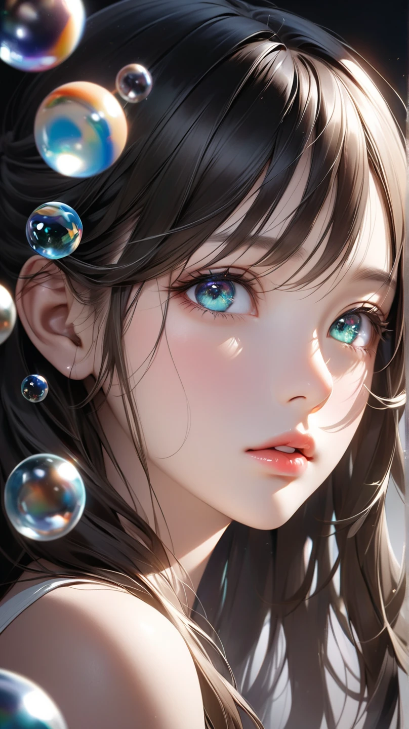 masterpiece,extremely best quality, official art, cg 8k wallpaper, (Fantasy Style:1.1),
(face focus, cute, masterpiece, best quality, 1girl, black background, solo, standing, pixiv:1),3d, looking up,
light particle, highly detailed, best lighting, pixiv, depth of field, (beautiful face), fine water surface, incredibly detailed, (an extremely beautiful), (best quality)