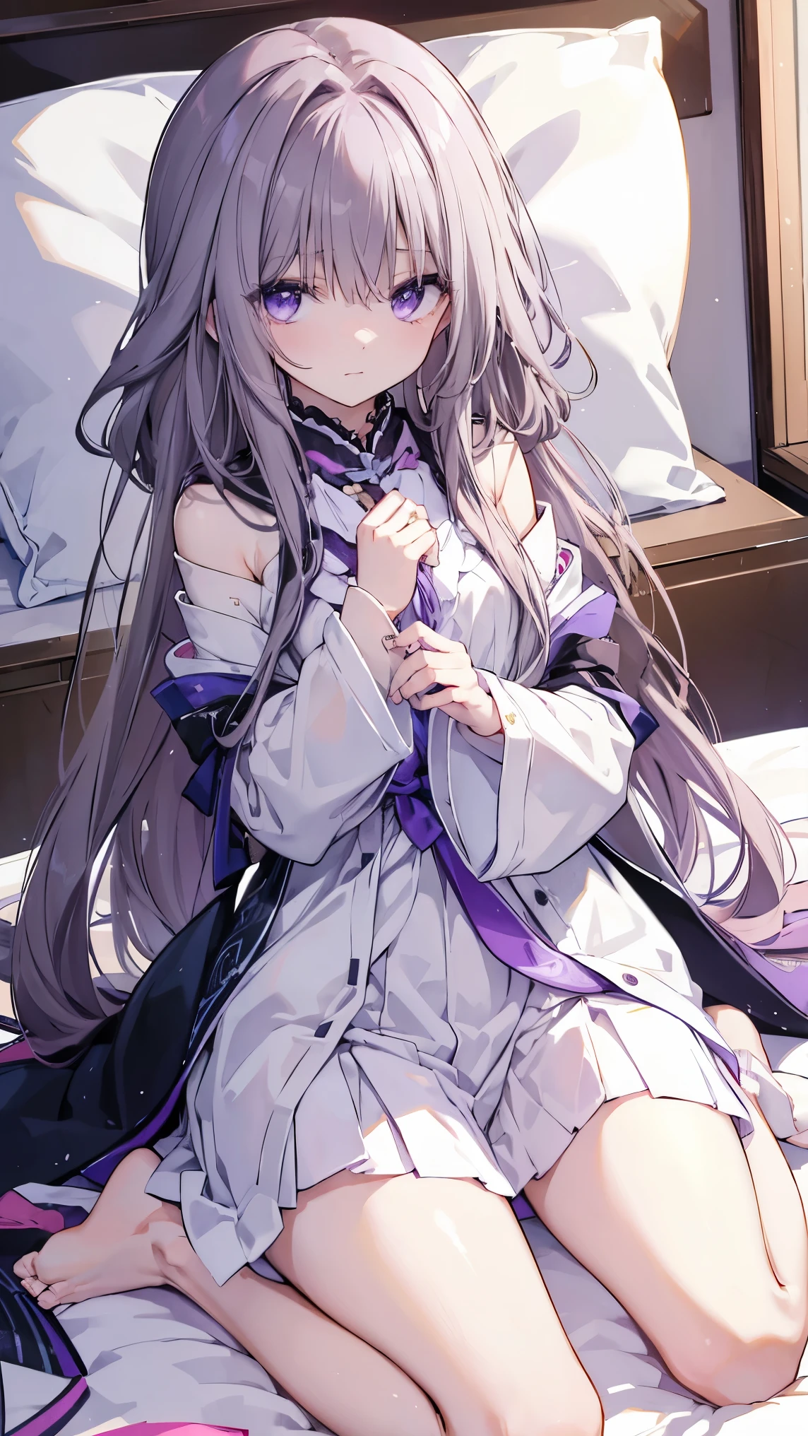 top quality、 long hair、(Whitening skin)、 purple eyes , straight hair,Petite、 Slim, Tiny Breasts , Slim,Japanese-style room,On the futon,Embarrassed, naked shirt,,