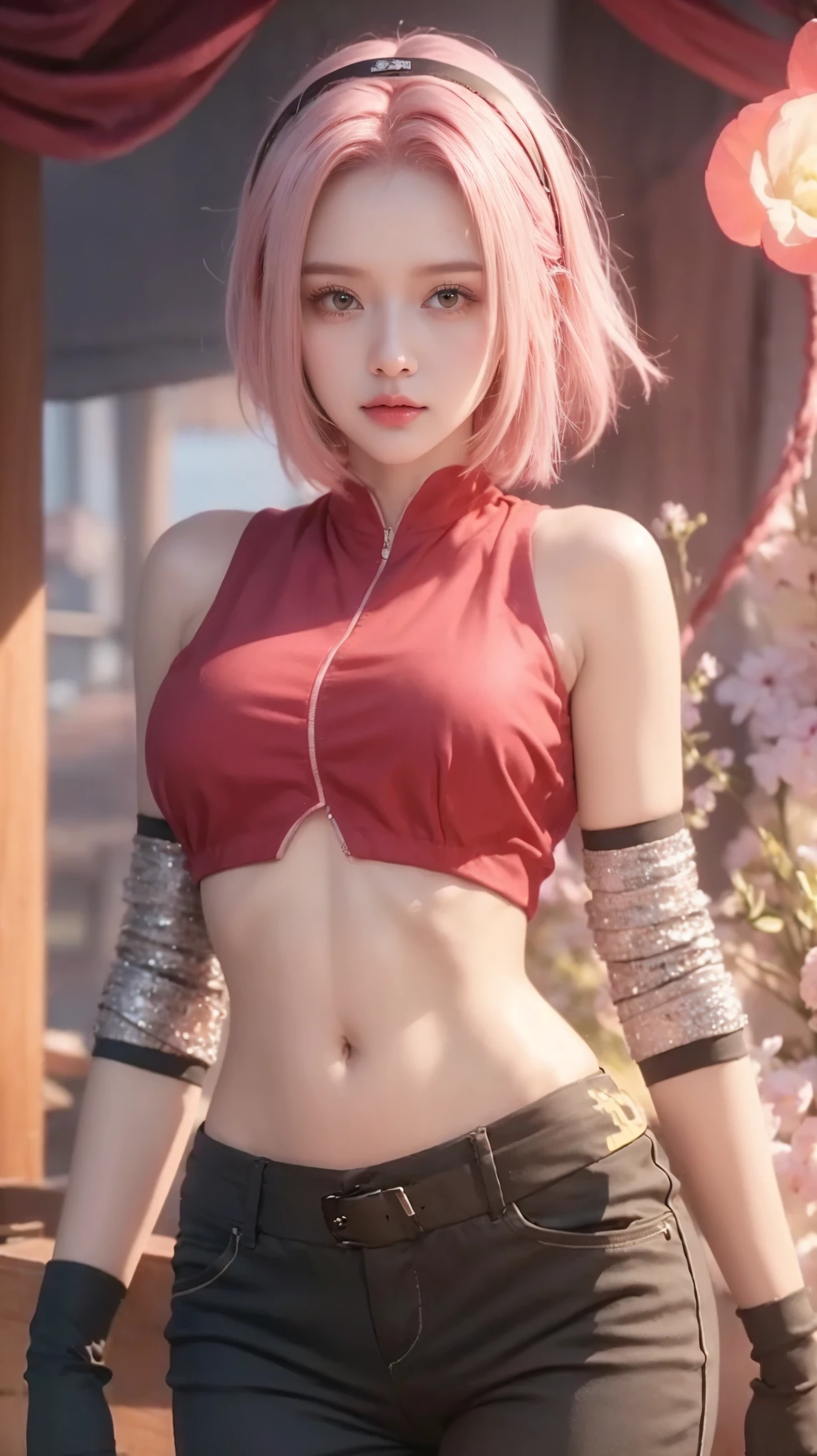masterpiece, Best quality at best, 4k, 1 fita, sakura haruno, large breasts, sorrir,com cabelo rosa, Longas, whitish hair, (Globos oculares verdes:1.4), Forehead Protection, As cerejeiras,Flores de cerejeira voando,Vestido vermelho Coxas fendidas, Tight short black pants , corpo da roupa, tight pants, from behind, foco na bunda, Saia de Lifting, short hair, pink hair, ((diamond on forehead)), photorealistic,