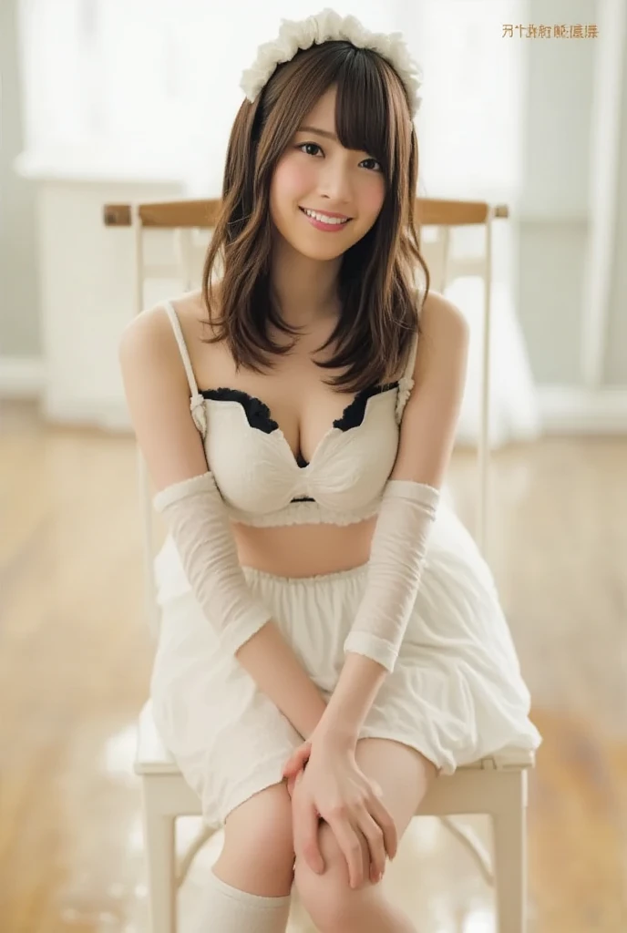 (best quality:2), (masterpiece:2), very detailed, high resolution, 8k, (professional lighting:0.9), cute Japanese woman, cute 24 year old beauty, slim body, (slightly saggy busty breasts), thin lips, detailed face, Beautiful and elegant face, cute face, natural bangs, arched eyebrows, well-groomed eyebrows, (big eyes with a good balance between the left and right sides), cute eyes, beautiful eyes, beautiful thin nose, beautiful face line, (beautiful skin), medium hair, medium length hair, (natural bangs), Brunette hair, slim face, slim figure, (Looking at the camera with gentle expression), beautiful legs, smooth skin, slim and beautiful thighs, cute and sexy slim 24 year old woman, fair skin, Beautiful breasts, (Slender and slim body:1.5), (Slim waist), (slim hips), ((slim Butt)), Detailed fingers, beautiful hands, (The best lighting), (Black Hair), ((Beautiful Cleavage)), (Round face:1.4), (plump face:1.4), gentle smile, ((underboob)), sexy panties with lace, Sexy bra with lace, Knitted,