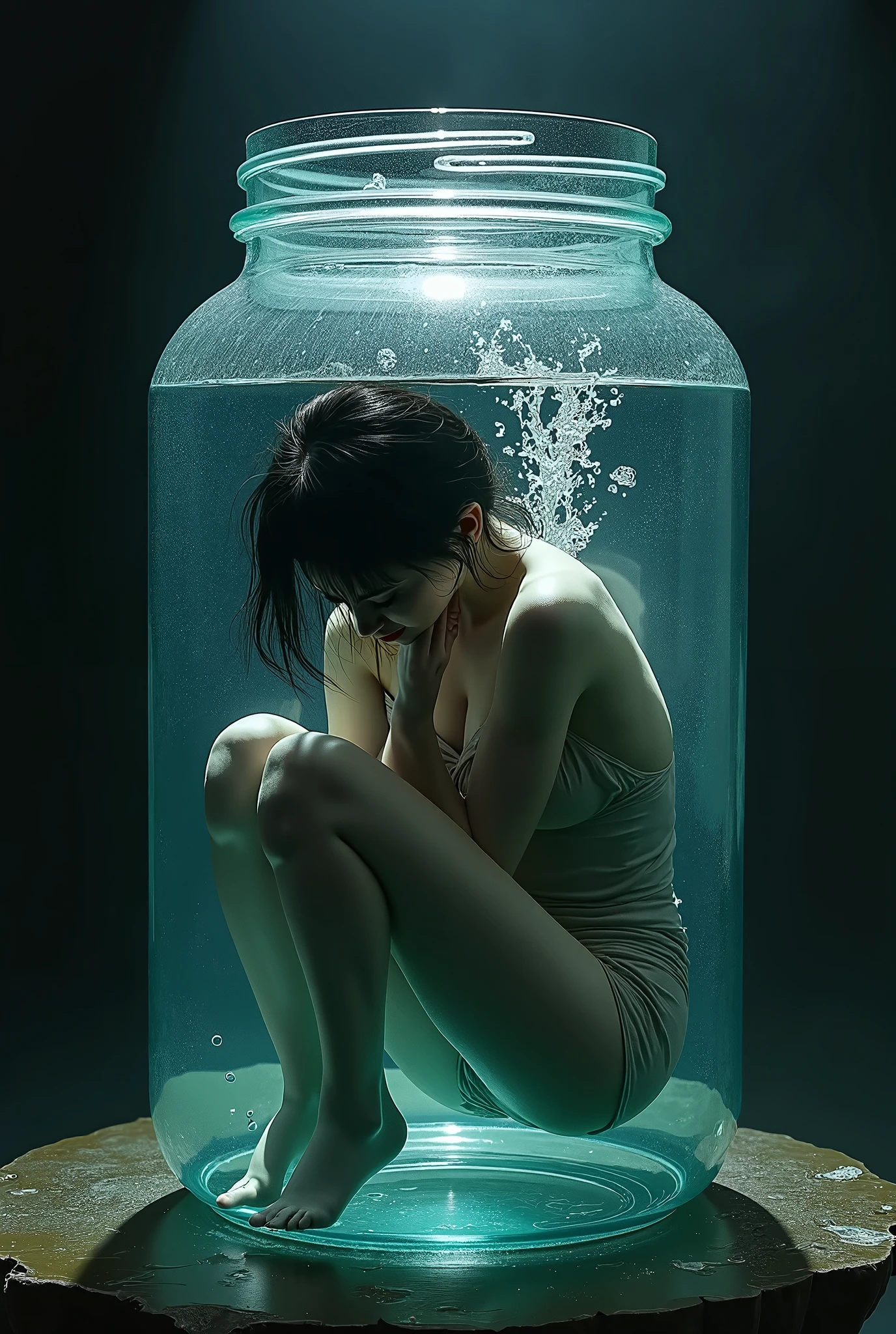 Create an image that represents depression as a person in nudity with their face curled up in their legs inside a glass jar with rain inside and an empty background in dark and dark blue colors 