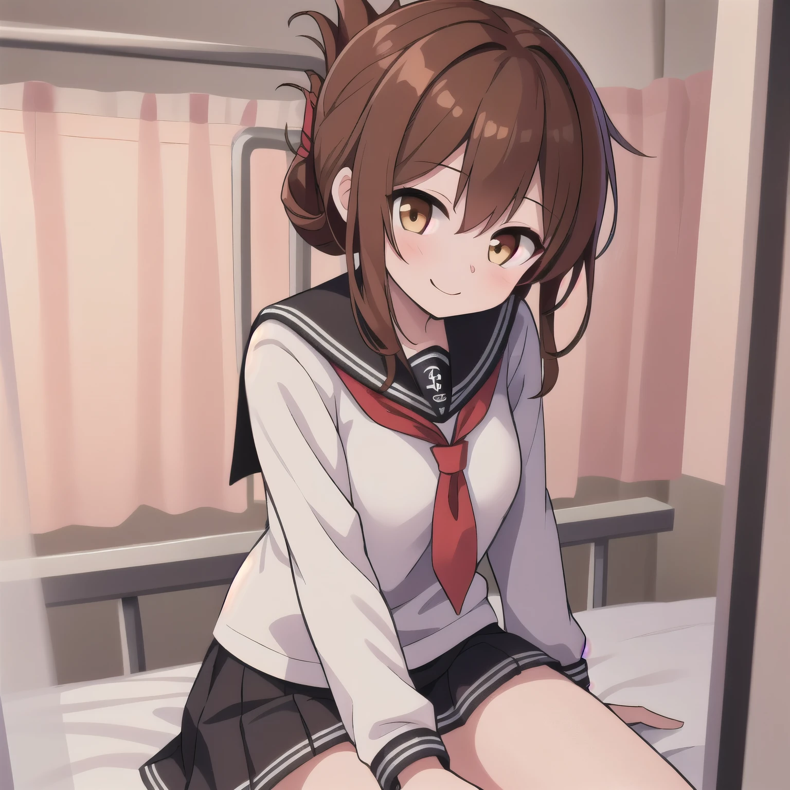 An unwell feeling girl in a miniskirt is holding her knee on her bed in the infirmary、Close-up shot of one girl, Lightning \( fleet this\), brown hair, folded ponytail, long hair, brown eyes, Anchor Symbol, Black sailor collar, Long Sleeve, neckerchief, school's, serafuku, pleated skirt, black skirt, smile, upper body, Alone, Watch Viewers ,