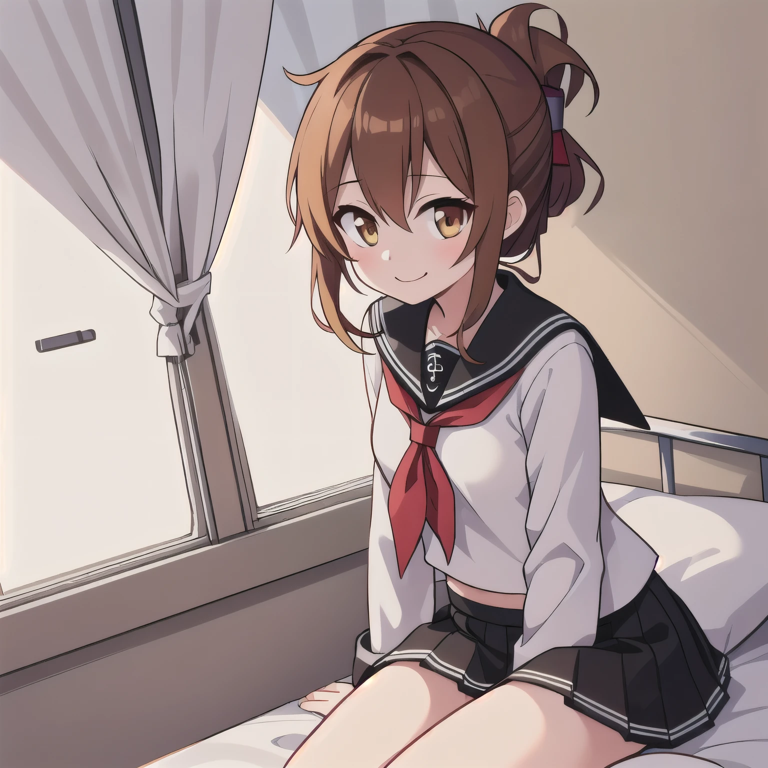 An unwell feeling girl in a miniskirt is holding her knee on her bed in the infirmary、Close-up shot of one girl, Lightning \( fleet this\),  brown hair,  folded ponytail,  long hair,  brown eyes, Anchor Symbol, Black sailor collar,  Long Sleeve,  neckerchief,  school's,  serafuku,  pleated skirt,  black skirt, smile,  upper body, Alone,  Watch Viewers ,