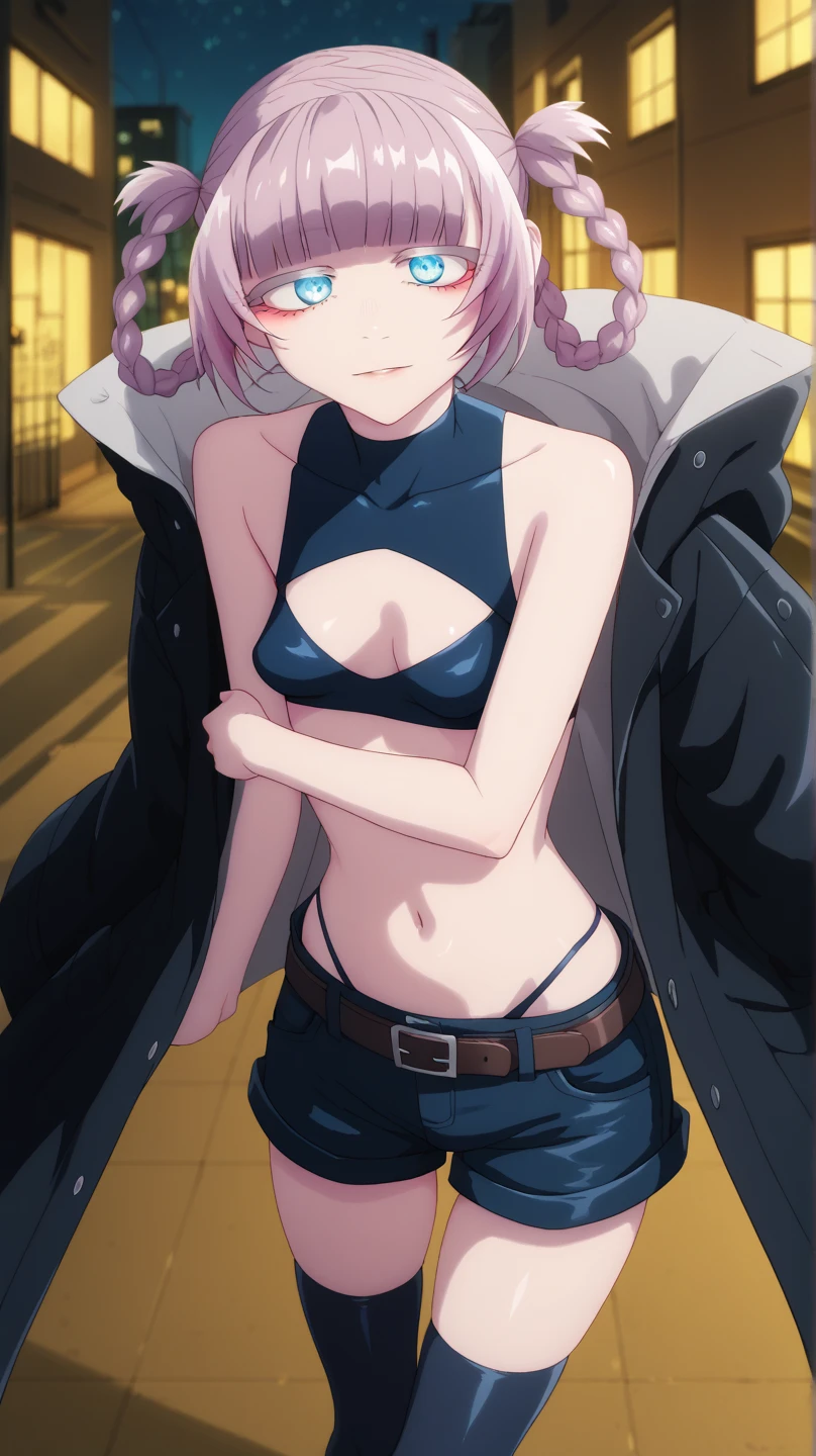 Nanakusa nazuna (Call of the night), Fleshy thighs, Instagram pose,Dynamic angle, Show armpits, ((Cool jacket)), Happy expression, (Entire body image:1.5), (8K, Best quality, A high resolution:1.35), (RAW photo:1.2), (Photorealistic:1.37), (Masterpiece: 1.25), Dramatic lighting, Photon maping, Symmetry, Complexity, Elegance, (1 girl), Long eyelashes, Detailed eyelashes, Eye shadows, Glowing eyes, ((Natural makeup, Clear facial features)), ((Curvy build, Showing stomach)), ((Fine detailed beautiful eyes: 1.2)), Bad girl, Erotic, ((Street background, Night))
