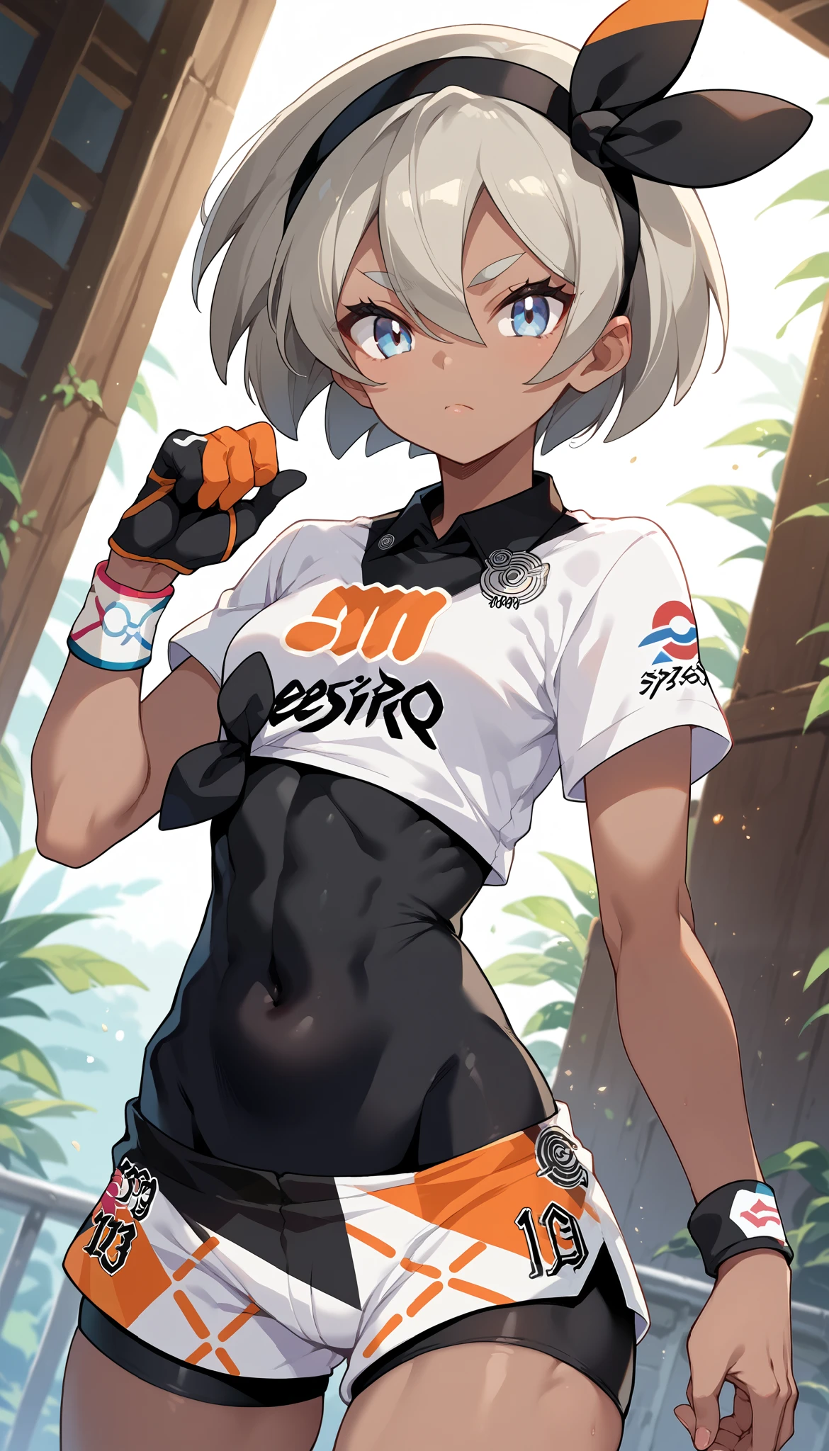 score_9, score_8_up, score_7_up, score_6_up, score_5_up, score_4_up, source_anime,newest,game cg,dutch angle, 1girl,solo,pokemonbea, blue eyes, dark skin, dark-skinned female, grey hair, hair between eyes, short hair, ribbon, hair ribbon, hairband, black ribbon, black hairband,(zentai:1.3), covered navel,single glove, glove,