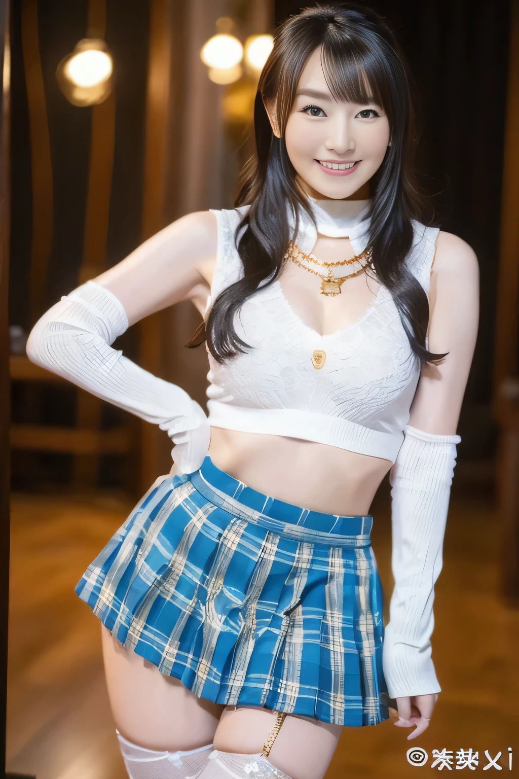 (8k、 RAW Photography、 top quality、 Masterpiece:1.2)、( by Nomi、 by Nomi:1.37)、 ultra high resolution、 one girl、 cute、(( full body shot ))、(smile)、(Laughter:1.1)、 big size、 beautiful eyes、 perfect body、 perfect fingertips、  Professional Lighting 、 Slim Fit White Cropped Collar Shirts 、（ sleeveless）、 Front Knot 、 Closed Fit 、 Plunking Neckline 、 highlight cleavage while tasting、（ Black Lace Bra Slips ：0.9）、 cropped design 、stomach、belly button、 Simple Design Necklaces 、 Gold Bangle 、 Low Rise Light Blue tartan plaid pleated skirt、 miniskirt、Wide A Line 、（ White Thigh Fishnet Tights ）、 White Mesh Cover from Thigh to Toe 、 Black Platform Long Boots 、Japanese goddesses、 gravure separately、 detailed face and skin texture、fine grain、 RAW Photo、Mizuki々