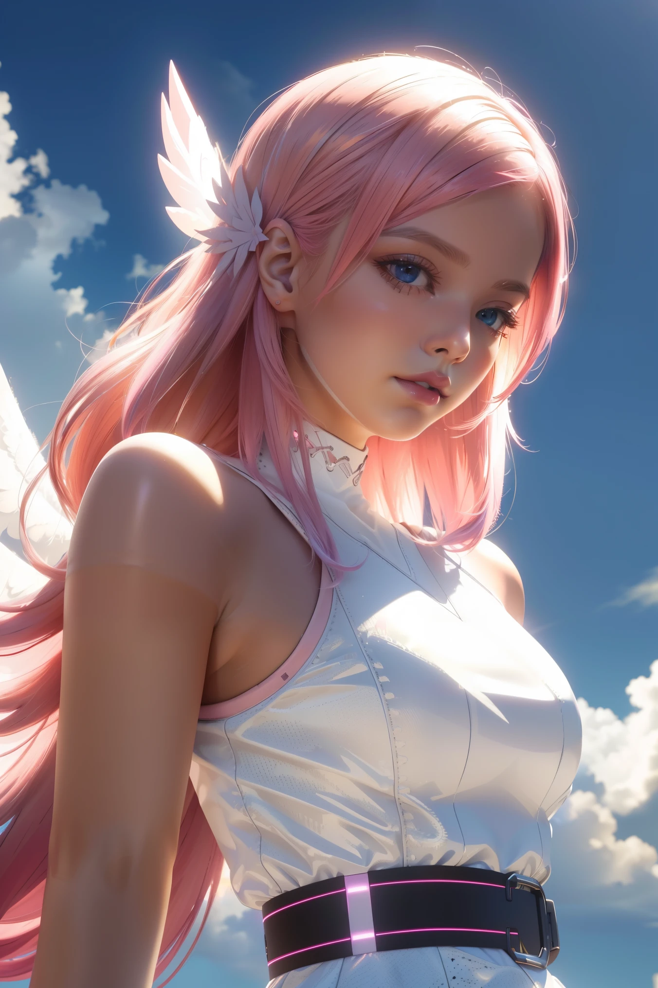 ((masterpiece, best quality, extremely detailed), volumetric lighting, ambient occlusion, colorful, glowing),
1girl, solo, young girl, (pink hair), long hair, halo, aura, sacred, godness, cyber suit, (white outfit:1.3), android, bot, angel wings,
outdoors, sunset, sky, clouds, space, (cyberpunk theme:1.2),