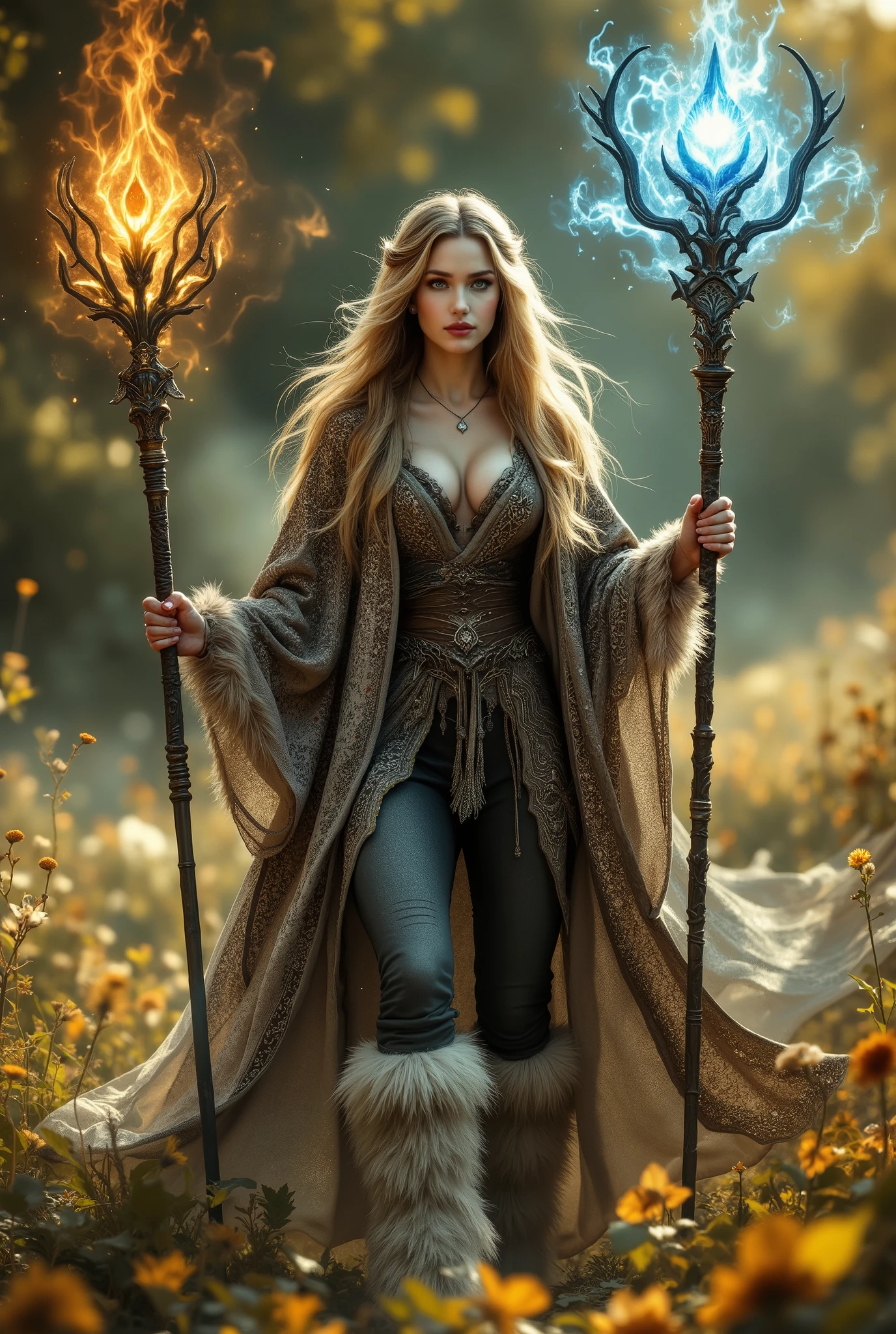 fantasy style, Beautiful Summer Day Girl with staffs and a patterned cape, beautiful long hair , Very detailed , Beautiful knitted fur boots , fur pants , Beautiful Scandinavian with beautiful body shapes , sexy , magic comes from the staff , Masterpiece , 8 k, better quality, maximum details , ideal, Fantasy, maximum quality , complicated details,