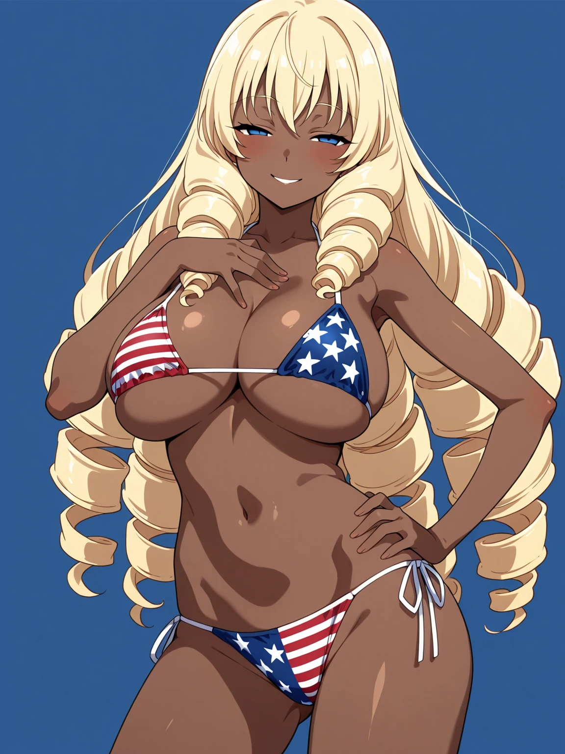 score_9, score_7_up 1girl, solo, (mirko):0.8, american flag bikini, beach, lounging, in water, cleavage, large breasts, toned, sunset, depth of field, water, on ground