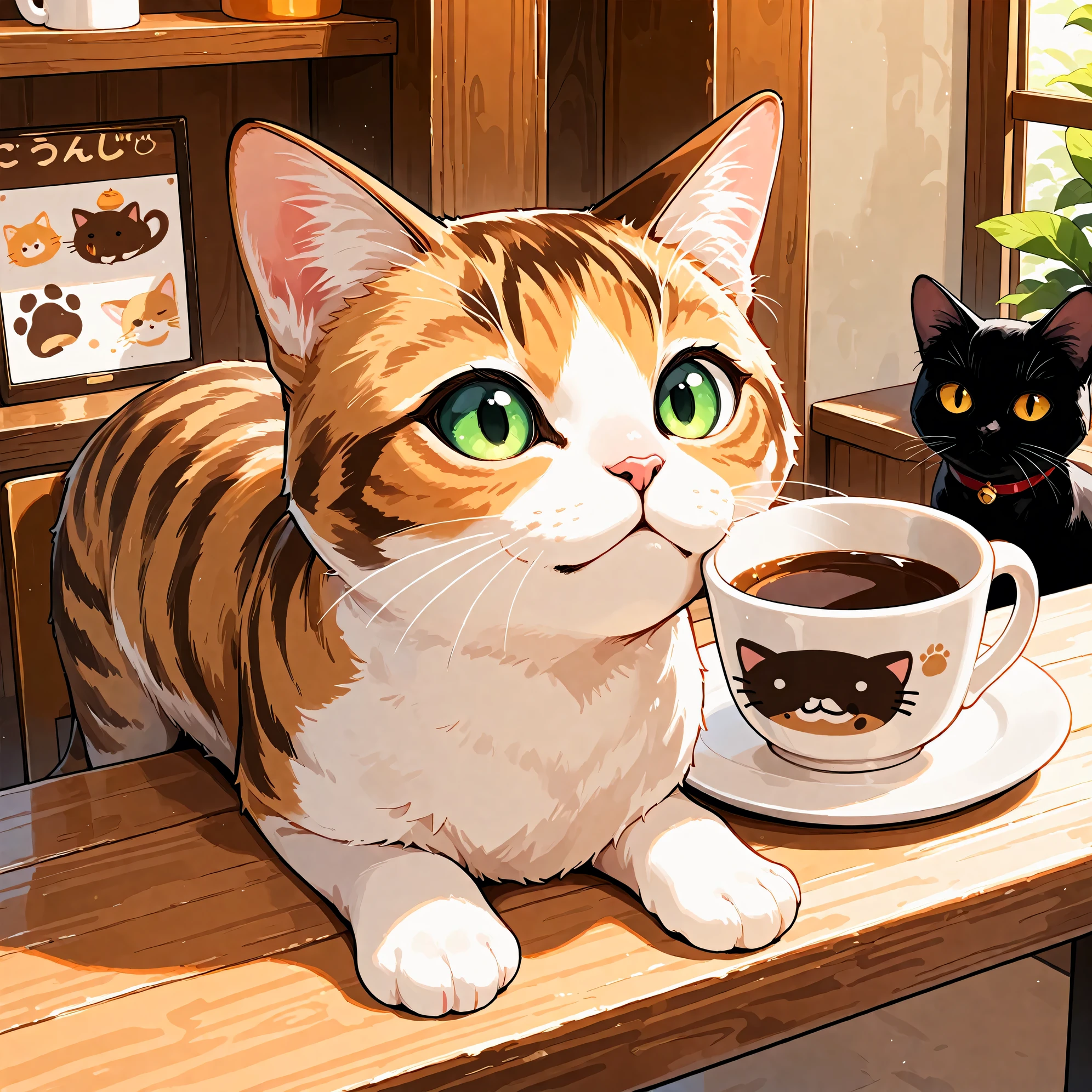(masterpiece), (best quality), (ultra-detailed), cat cafe, cat focus,drinking cat, no human