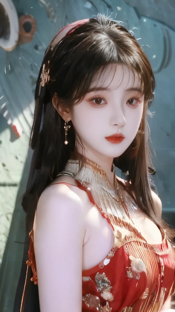 ((( long brown hair))), (Louvre Museum), The pose is very tempting, ( surrealism ), (illustration), (Improve resolution), (8 Kurds), ( extremely detailed), (Best illustration), ( Beautiful and delicate eyes), (), ( extremely detailed), (On the table ), ( wallpaper), ( delicate face), Lonely, 1 female, exquisite details , delicate face, Deep Shadows, Low profile, Purebred face_v1, 微LOL, 46 Side Bangs、 Big necklace 、Big earrings、LOL、 Very sexy woman , Beautiful 。(Slim waist) :1.3)、 Beautiful smooth skin、Texture、 flowing hair , big chest ,Hanfu