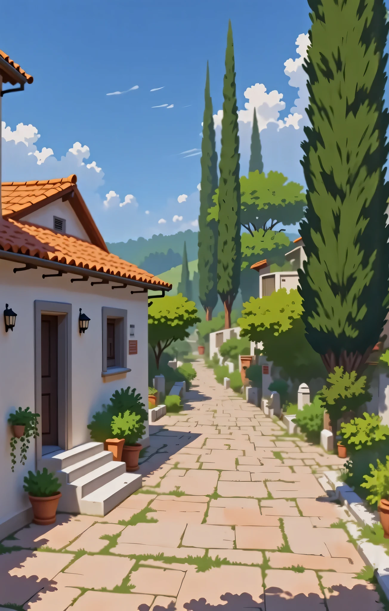A one-story Italian villa, white with an orange roof, is located on the left. Cypress trees grow on the right. The area in front of the house is paved with tiles