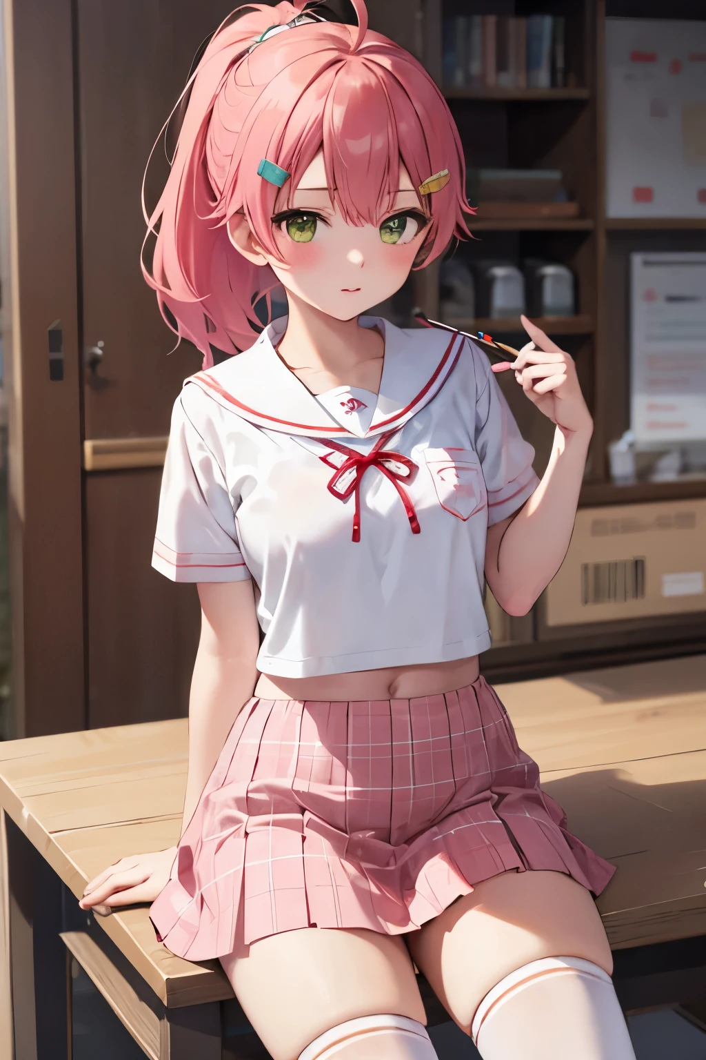 masterpiece, best quality, 1 girl, solo, MikoSchool, ahoge, ponytail, hairclip, , white shirt, sailor collar, pink skirt, plaid, thighhighs, short sleeves, looking through legs,